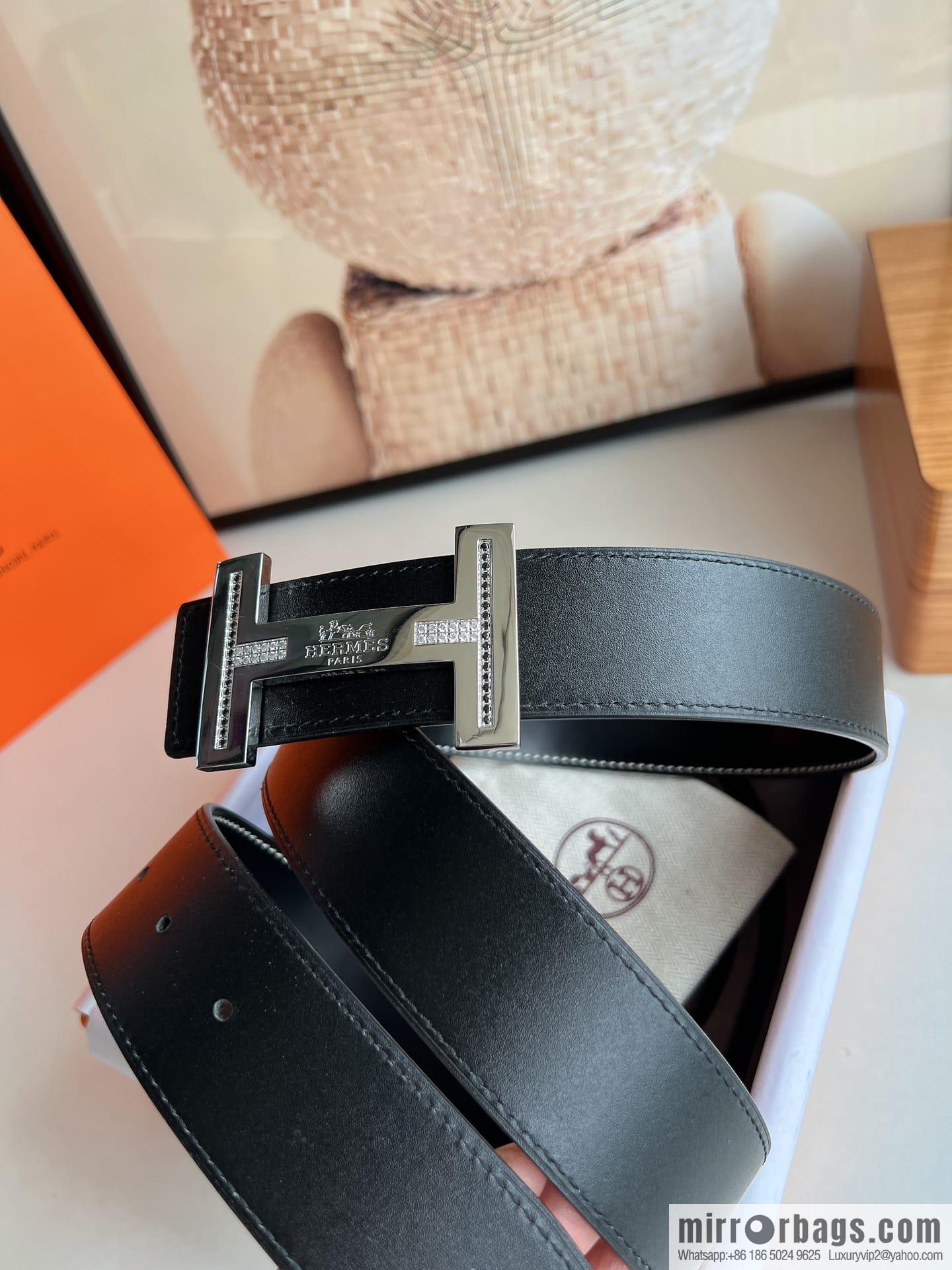 Hermes Hermes, stainless steel inlaid diamond metal buckle with first layer cowhide double-sided men's 3.8cm belt