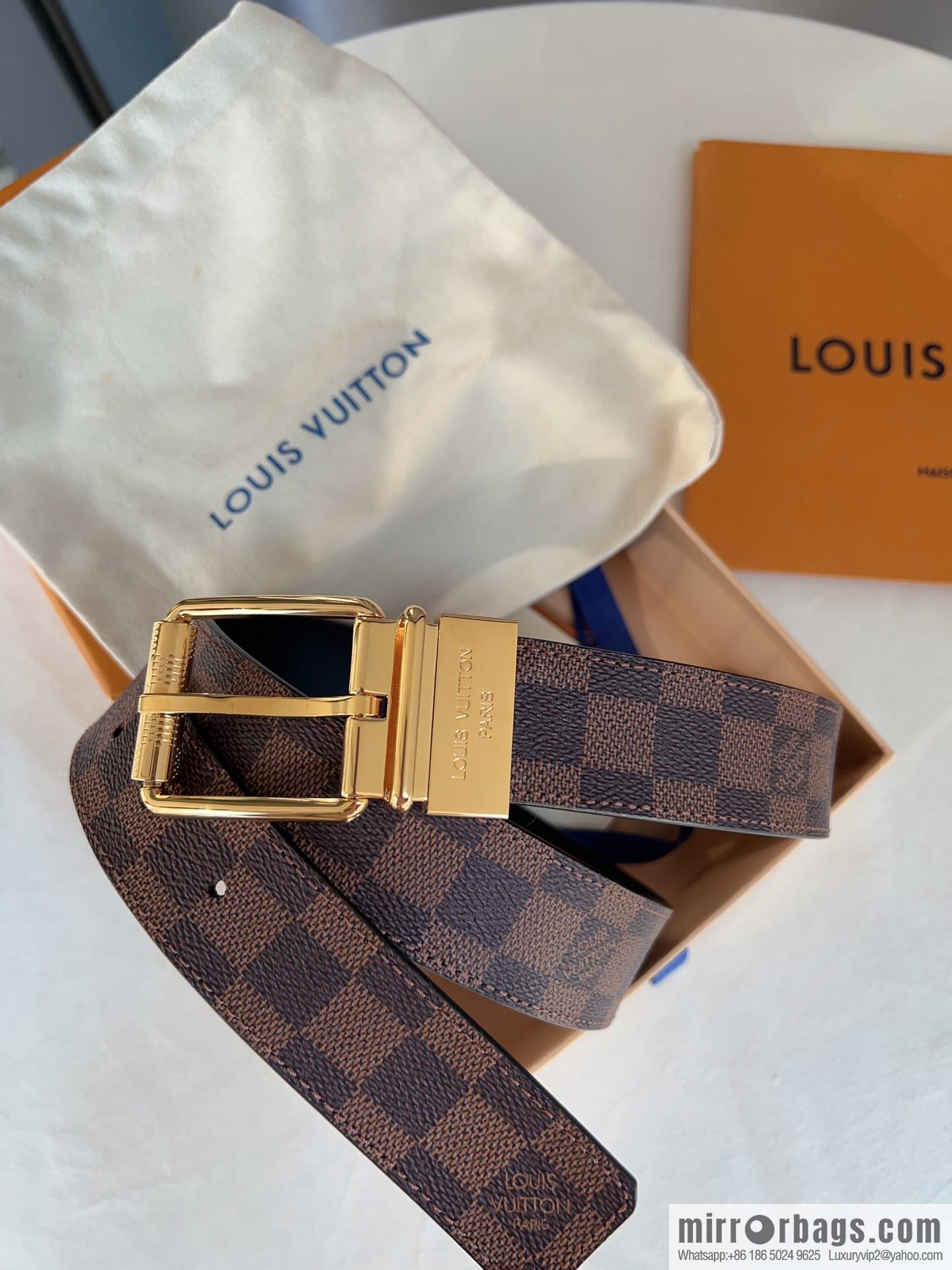 Louis Vuitton/Leather Lined Metal Buckle Damier Canvas Belt Men 35mm