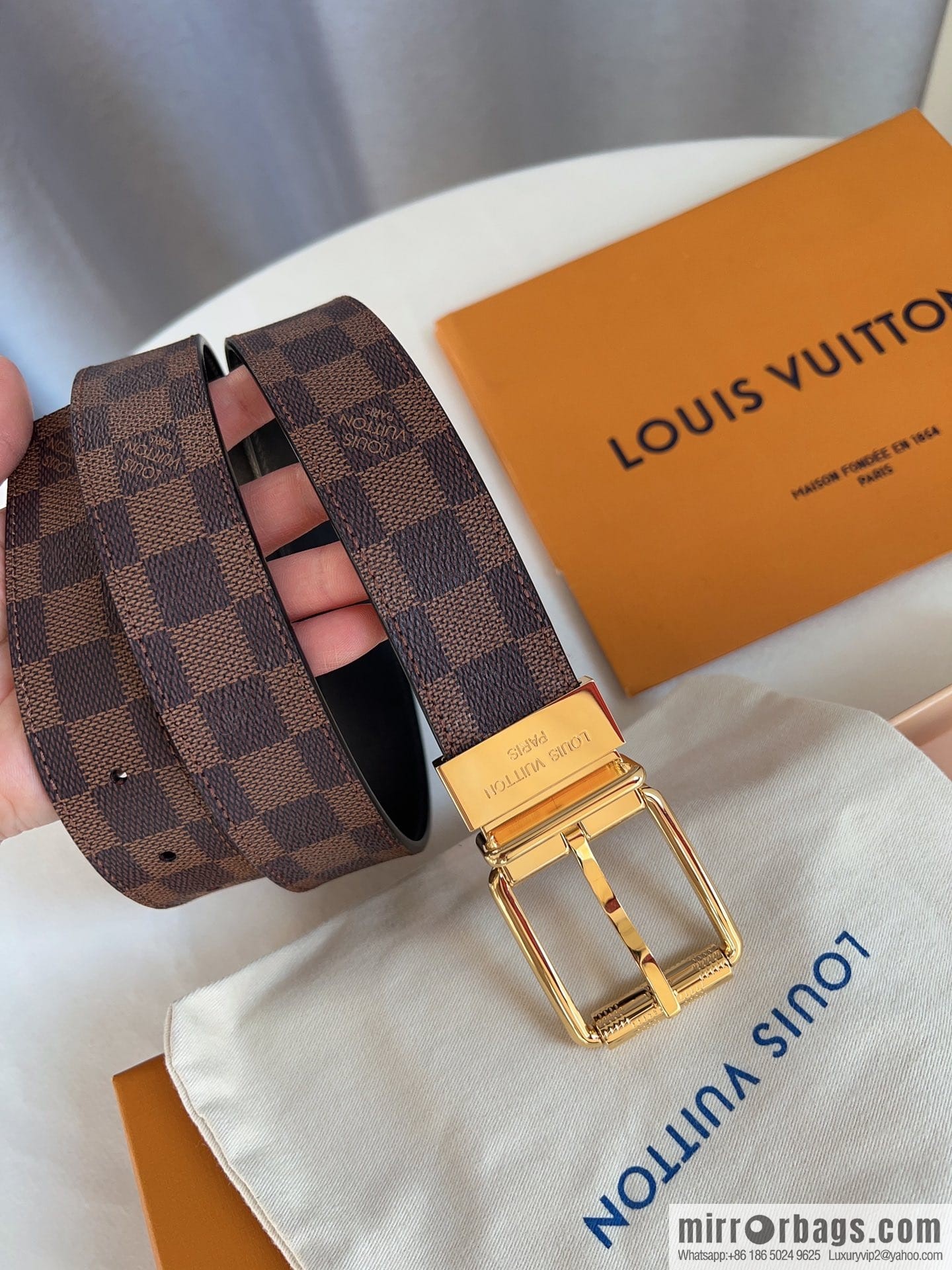 Louis Vuitton/Leather Lined Metal Buckle Damier Canvas Belt Men 35mm