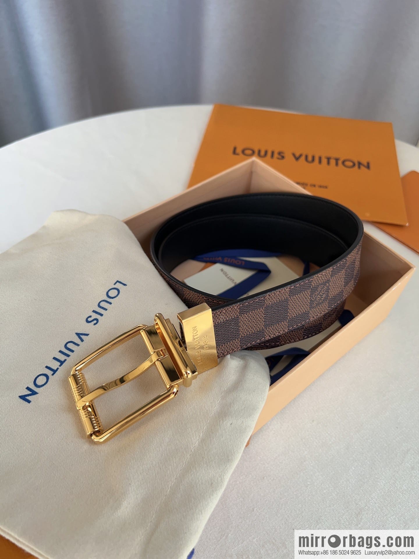 Louis Vuitton/Leather Lined Metal Buckle Damier Canvas Belt Men 35mm