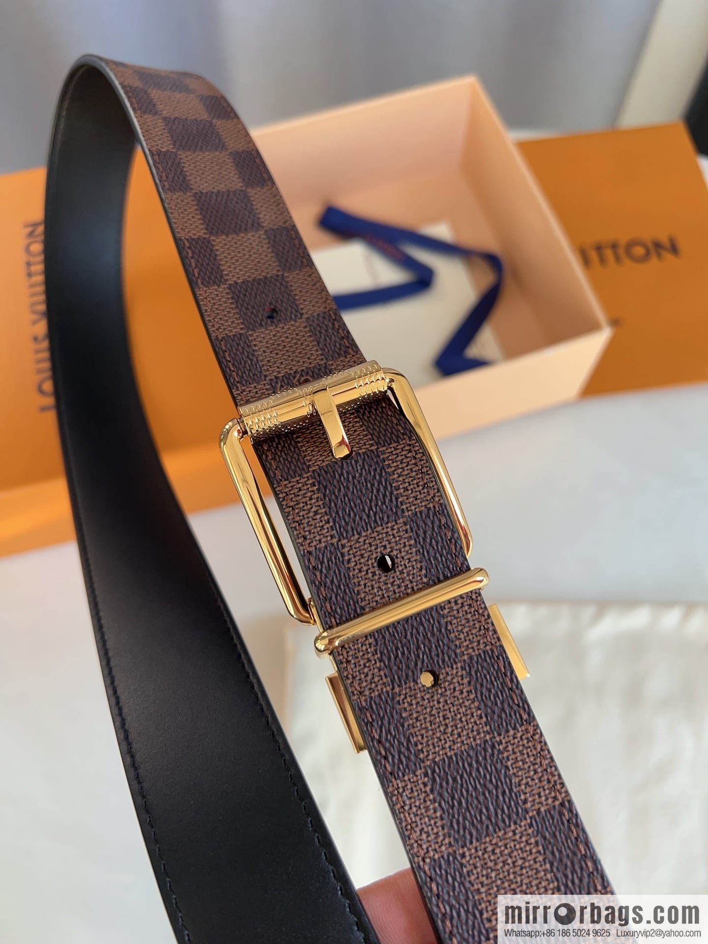 Louis Vuitton/Leather Lined Metal Buckle Damier Canvas Belt Men 35mm