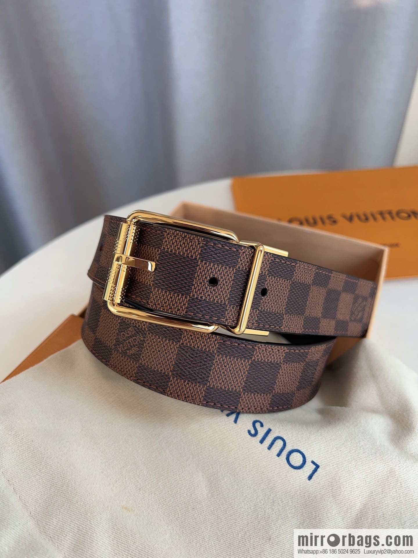 Louis Vuitton/Leather Lined Metal Buckle Damier Canvas Belt Men 35mm