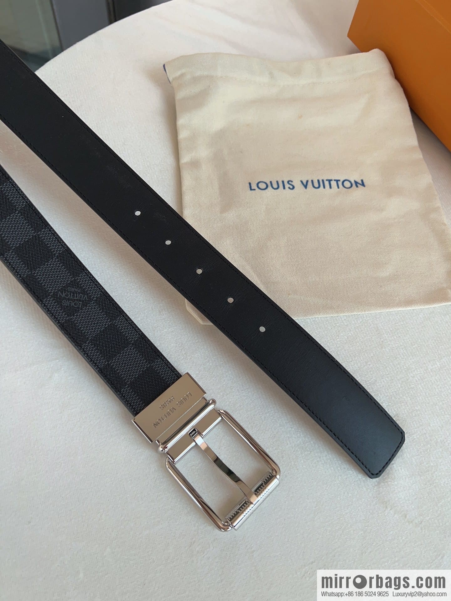 Louis Vuitton/Leather Lined Metal Buckle Damier Canvas Belt Men 35mm