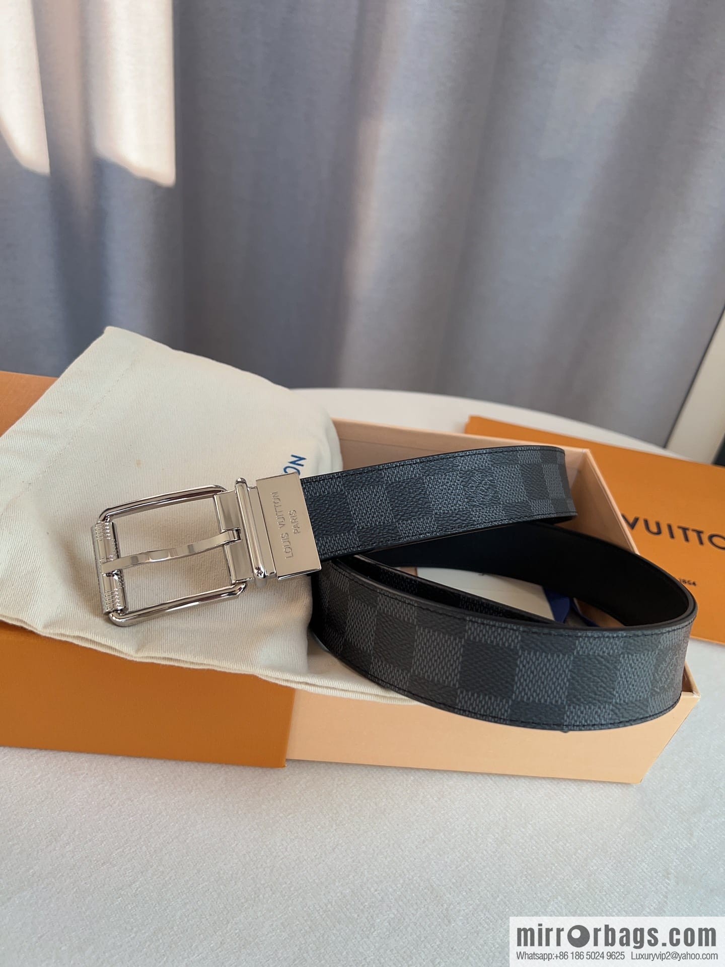 Louis Vuitton/Leather Lined Metal Buckle Damier Canvas Belt Men 35mm