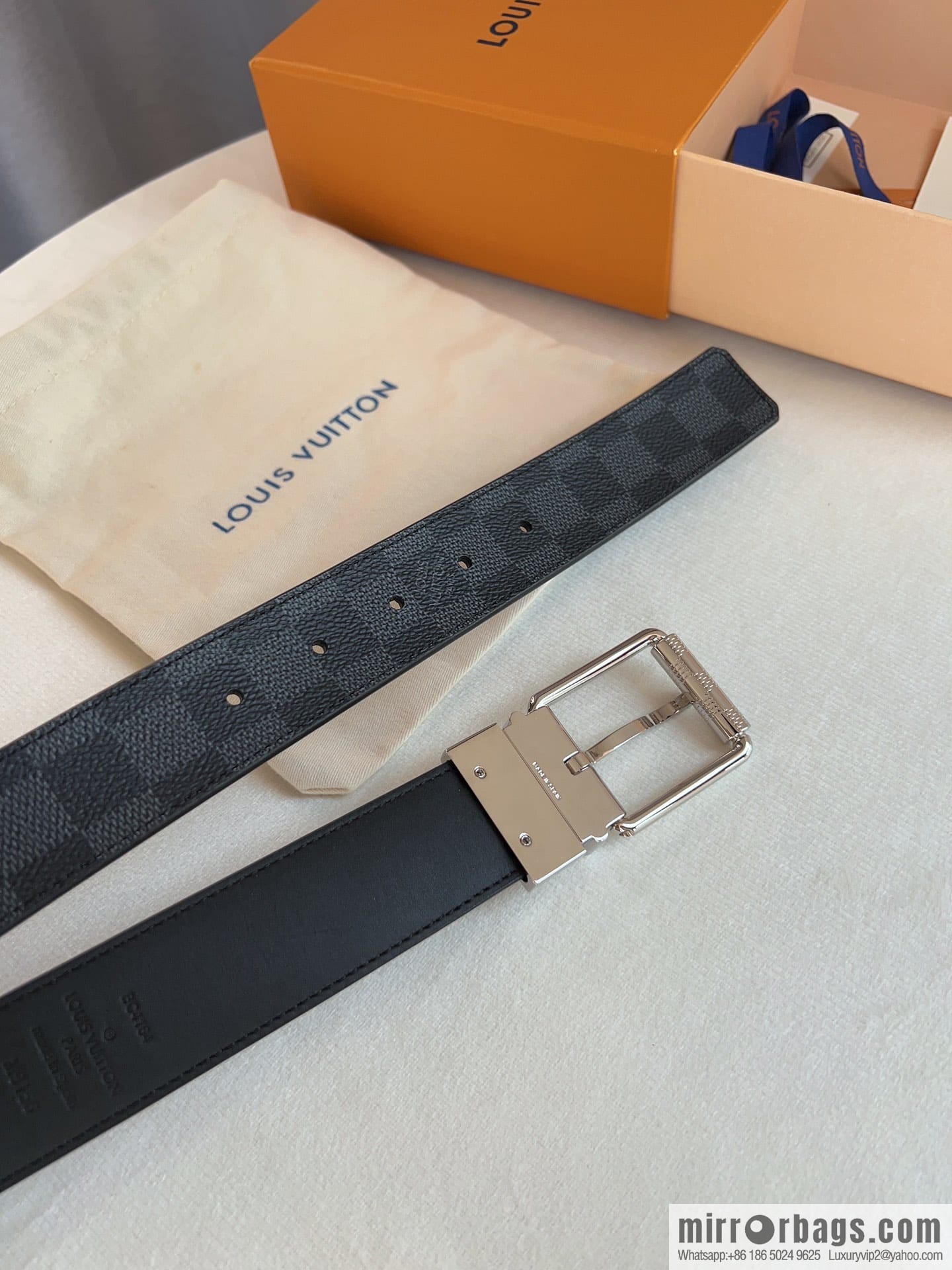 Louis Vuitton/Leather Lined Metal Buckle Damier Canvas Belt Men 35mm