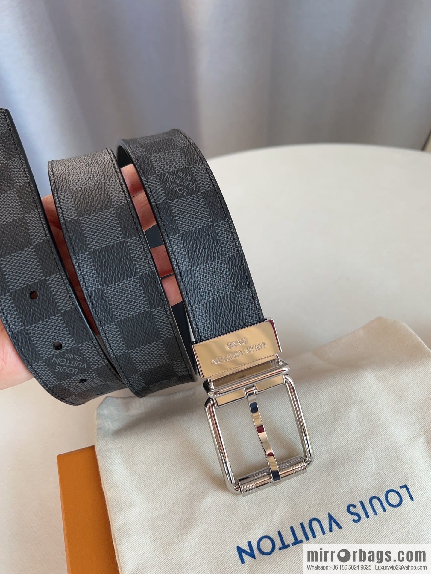 Louis Vuitton/Leather Lined Metal Buckle Damier Canvas Belt Men 35mm