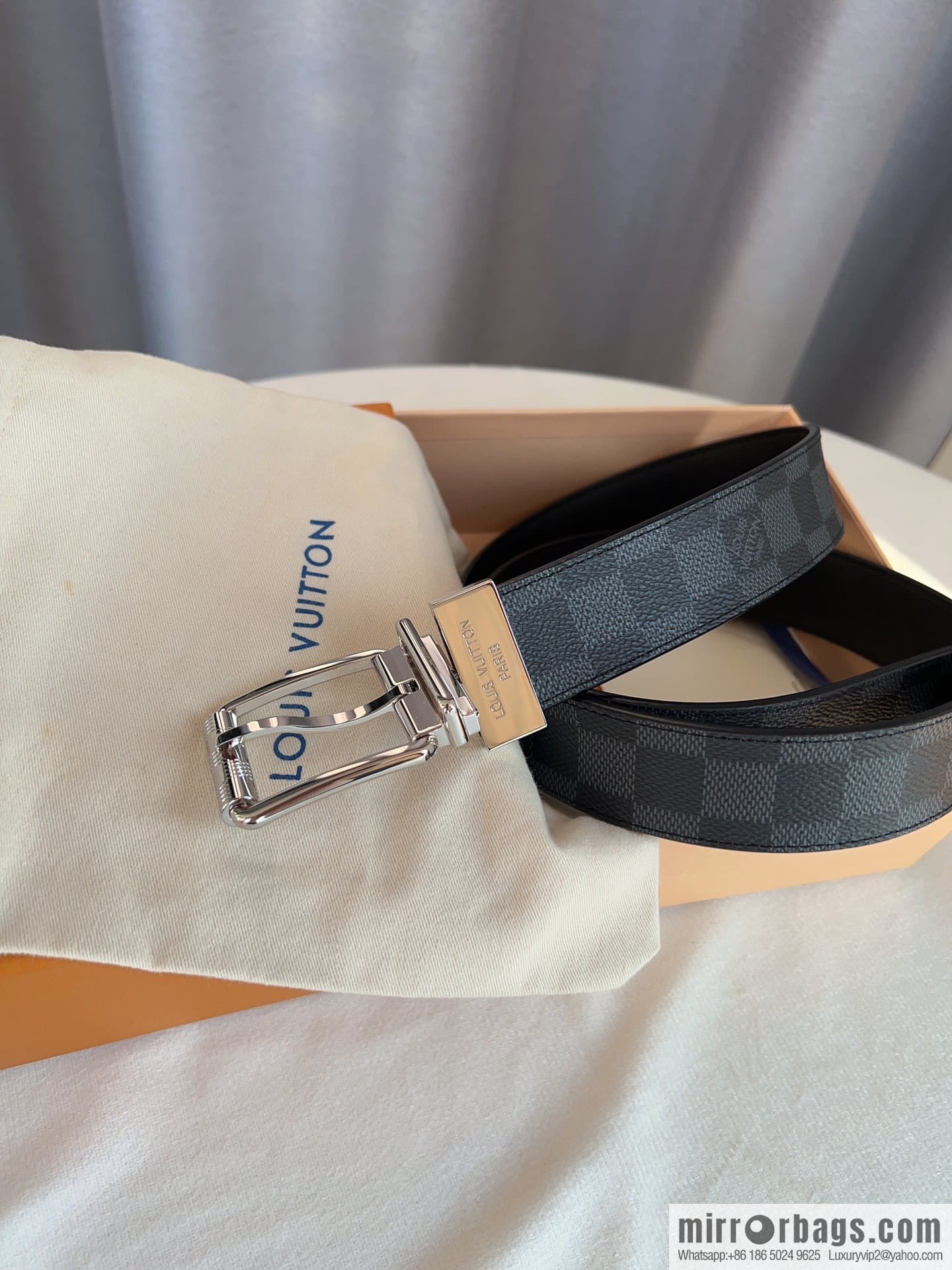 Louis Vuitton/Leather Lined Metal Buckle Damier Canvas Belt Men 35mm