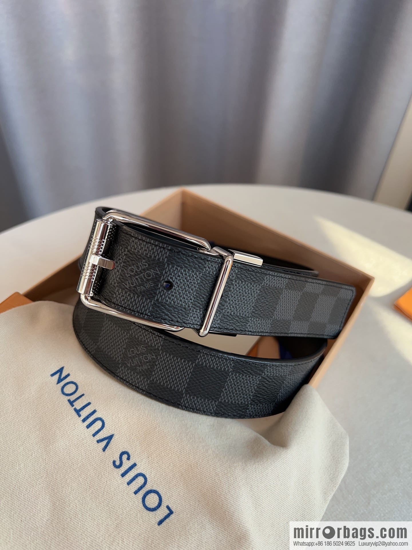 Louis Vuitton/Leather Lined Metal Buckle Damier Canvas Belt Men 35mm