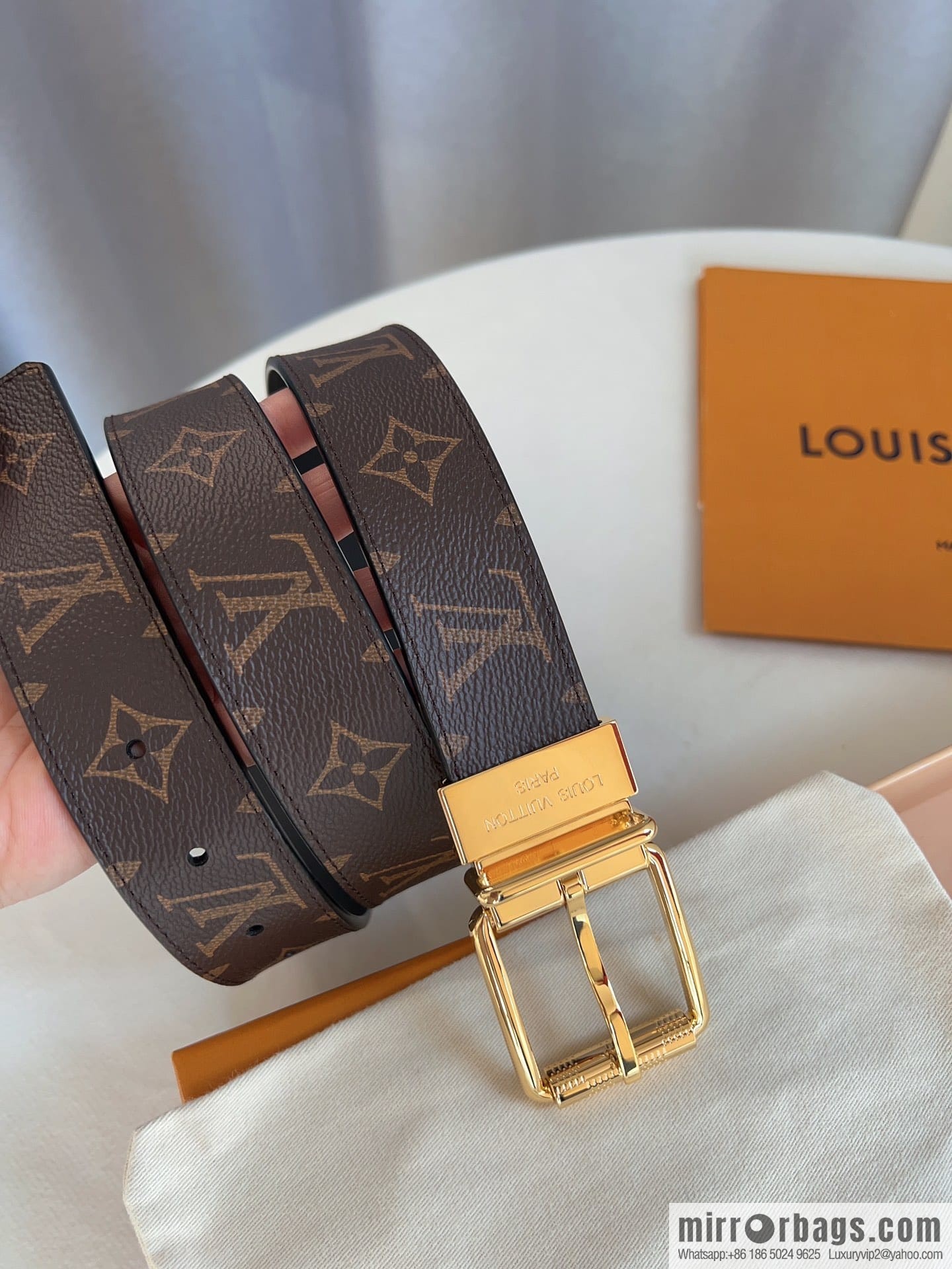 Louis Vuitton/Leather Lined Metal Buckle Damier Canvas Belt Men 35mm