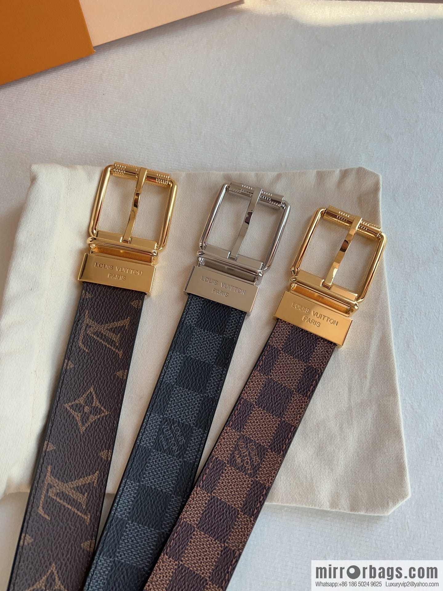 Louis Vuitton/Leather Lined Metal Buckle Damier Canvas Belt Men 35mm
