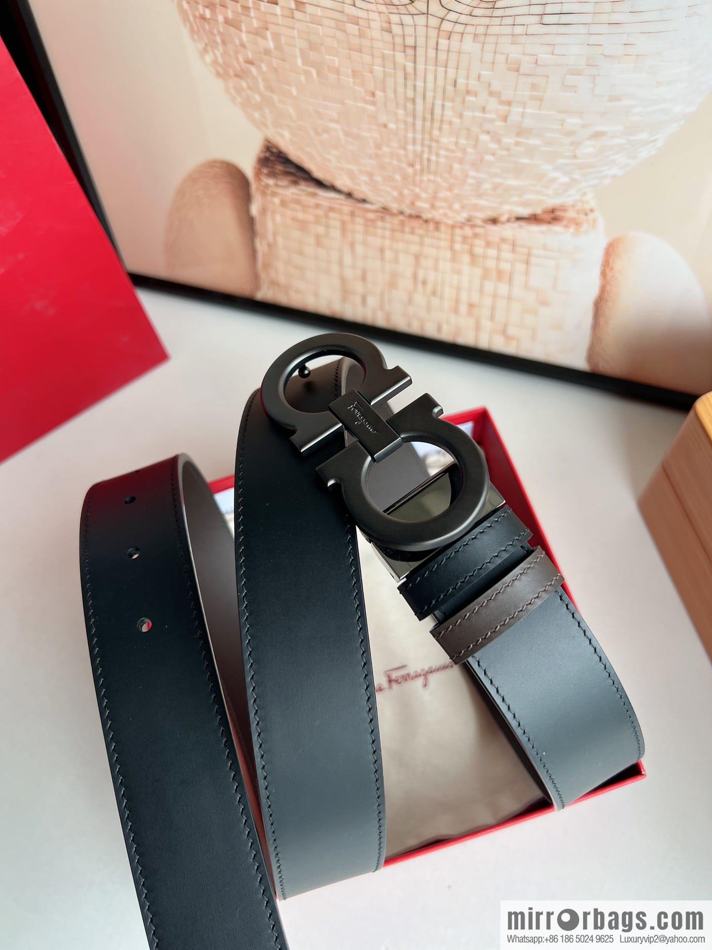 Ferragamo Ferragamo, Exquisite 8-Figure Metal Clip Buckle Men's 3.5cm Belt