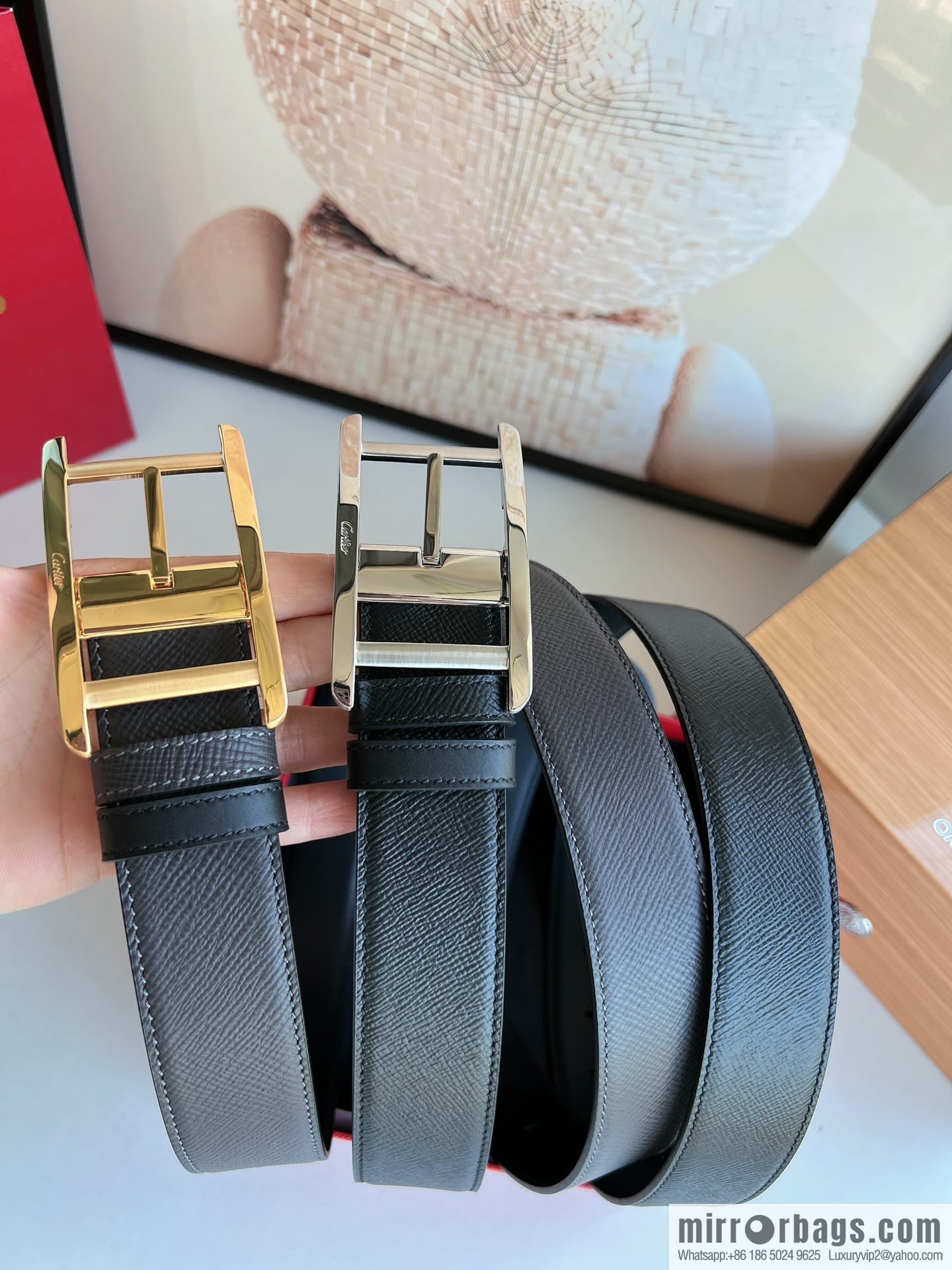 Cartier, textured grey cowhide double-sided men's belt
