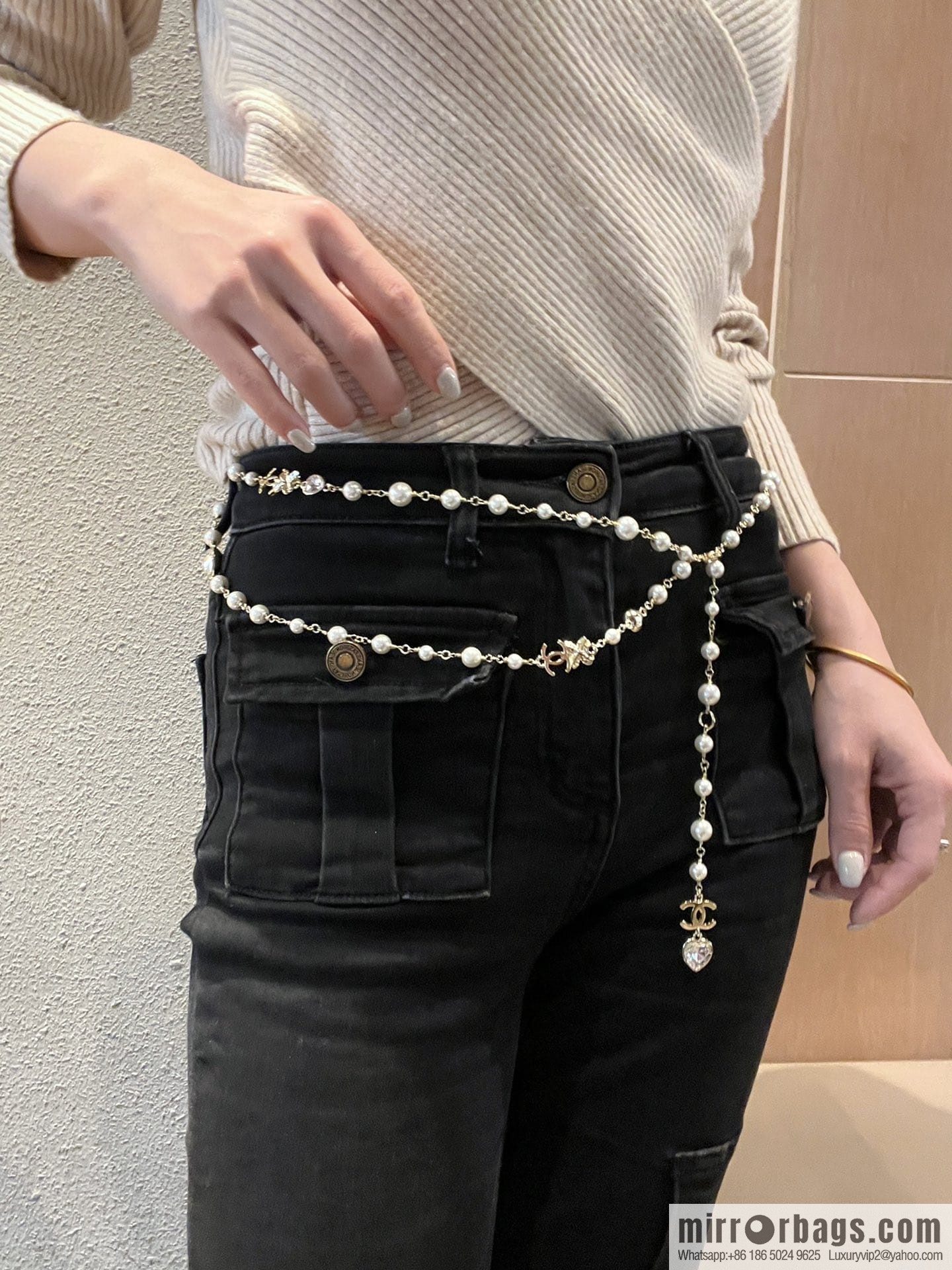 New ☑️ CHANEL CHANEL Double C Peach Heart Clover Pearl Waist Chain Belt