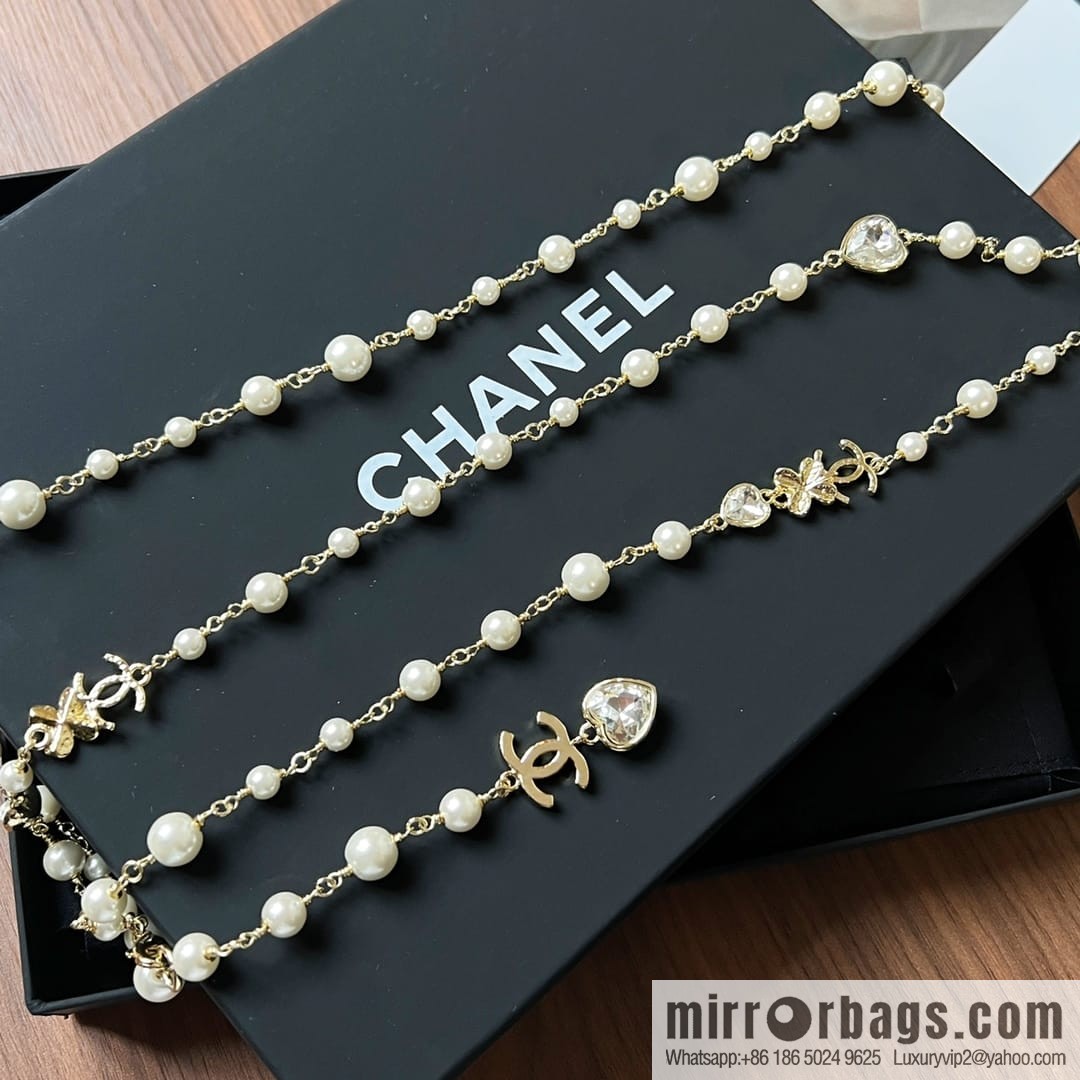 New ☑️ CHANEL CHANEL Double C Peach Heart Clover Pearl Waist Chain Belt