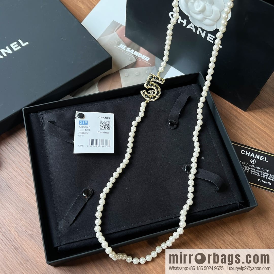 New ☑️ Chanel double c black leather rope 5 character pearl sweater chain necklace