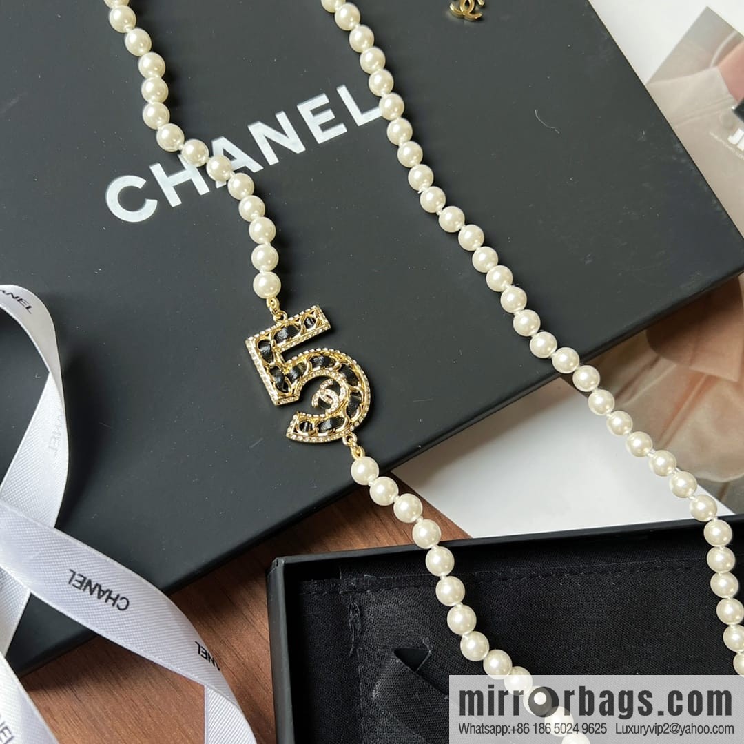 New ☑️ Chanel double c black leather rope 5 character pearl sweater chain necklace