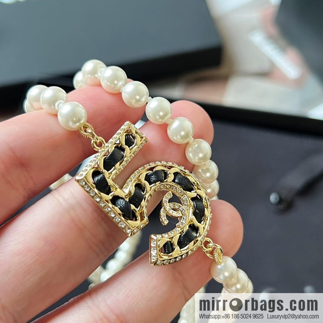 New ☑️ Chanel double c black leather rope 5 character pearl sweater chain necklace