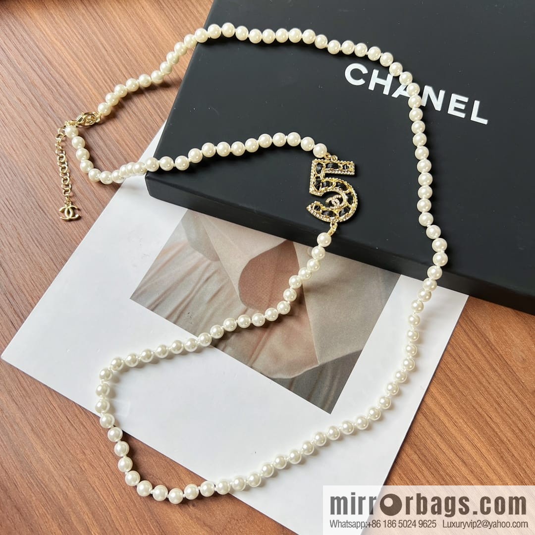New ☑️ Chanel double c black leather rope 5 character pearl sweater chain necklace