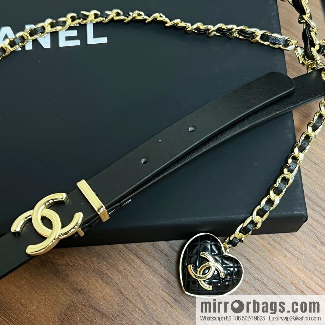 New ☑️ Chanel love peach heart black leather rope waist chain belt
