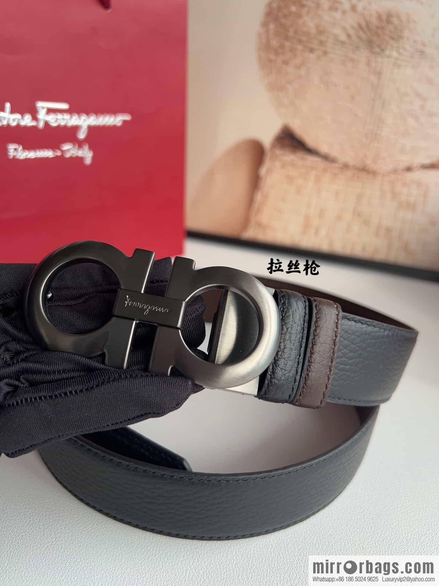 Ferragamo 8-character metal clip buckle first layer cowhide texture belt 3.5cm