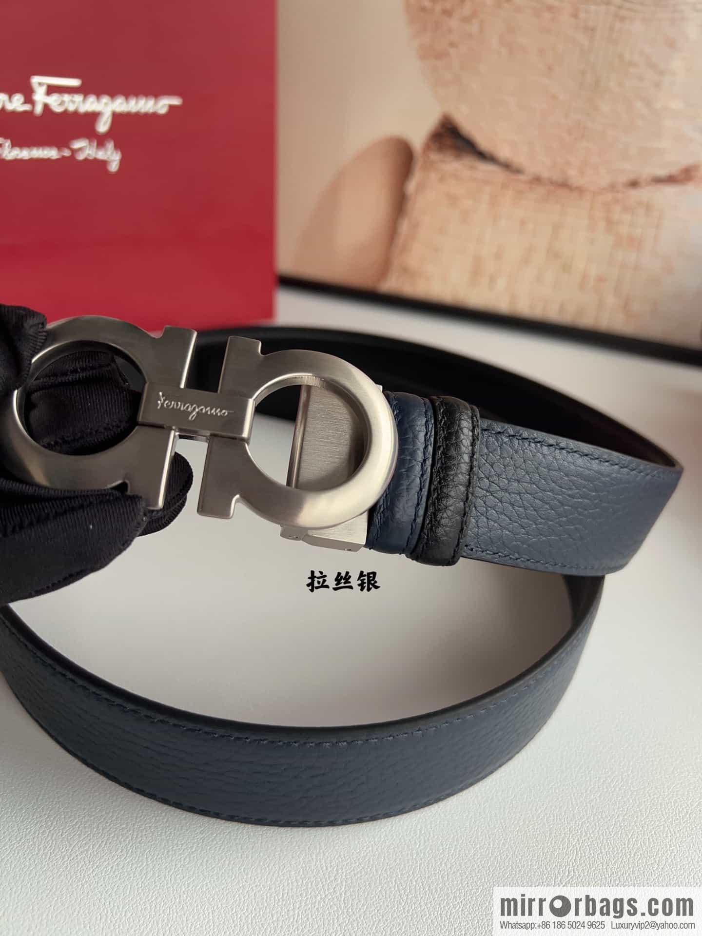 Ferragamo 8-character metal clip buckle first layer cowhide texture belt 3.5cm