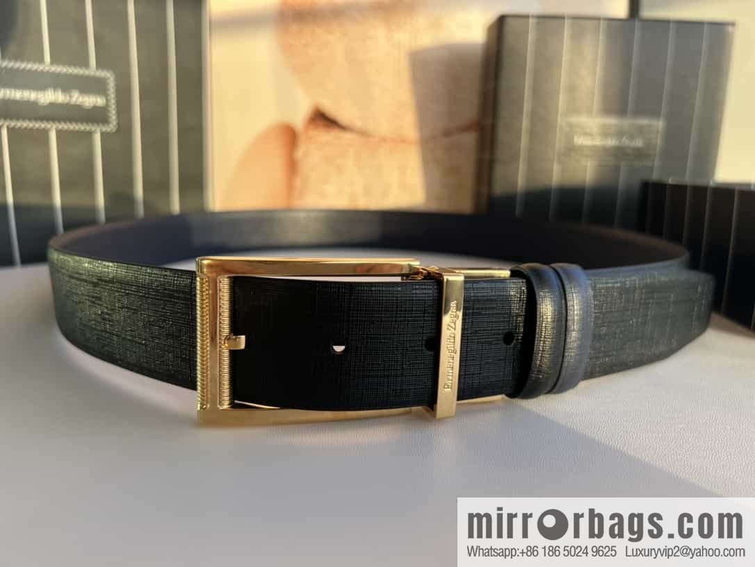 Z ZEGNA Zegna men's black/dark blue first layer cowhide leather plate buckle belt 3.5cm