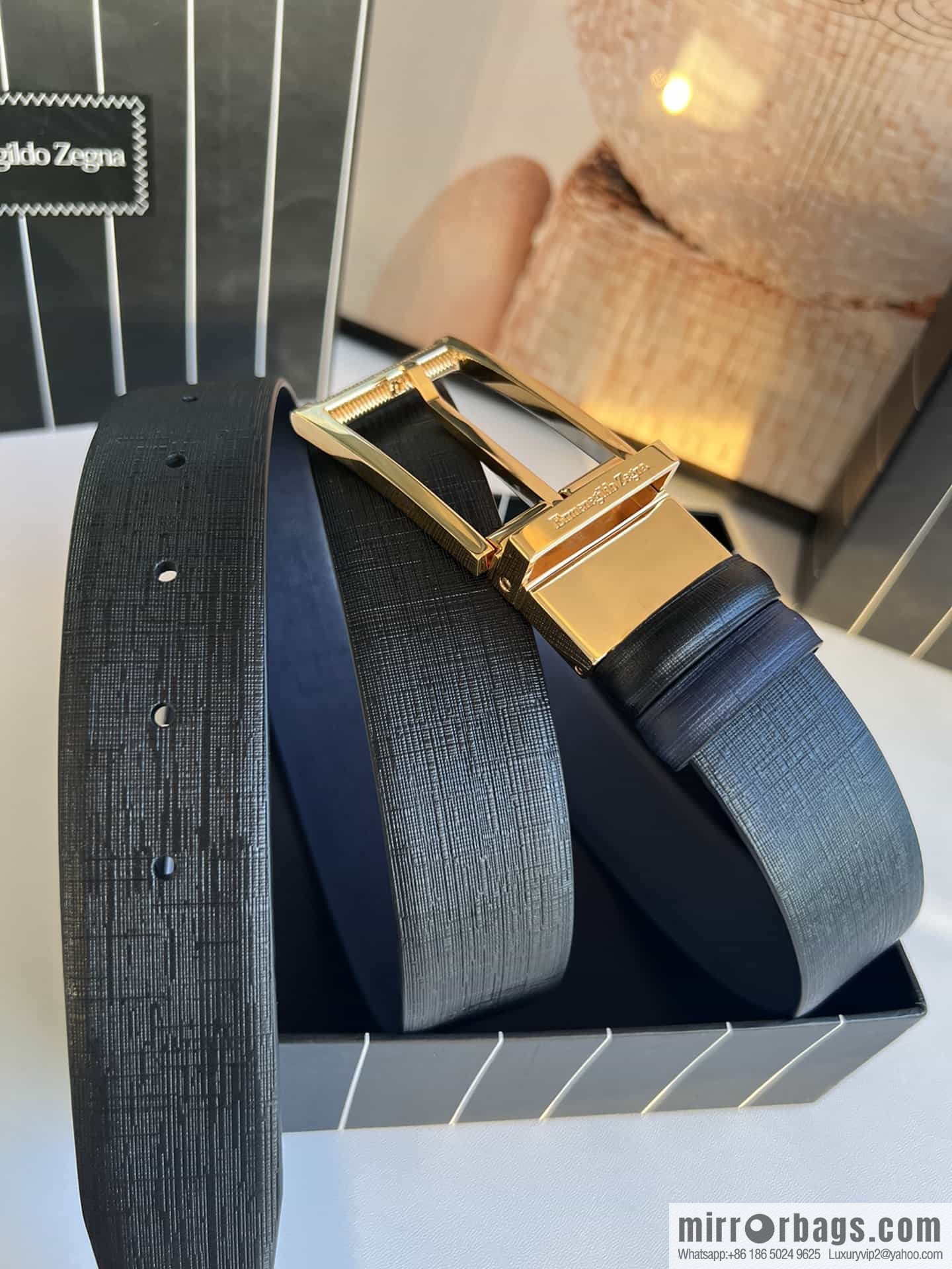 Z ZEGNA Zegna men's black/dark blue first layer cowhide leather plate buckle belt 3.5cm
