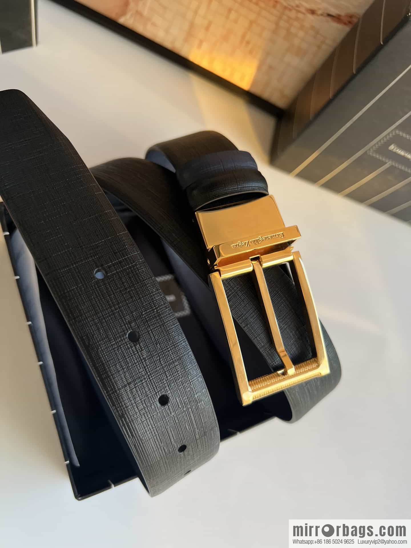 Z ZEGNA Zegna men's black/dark blue first layer cowhide leather plate buckle belt 3.5cm