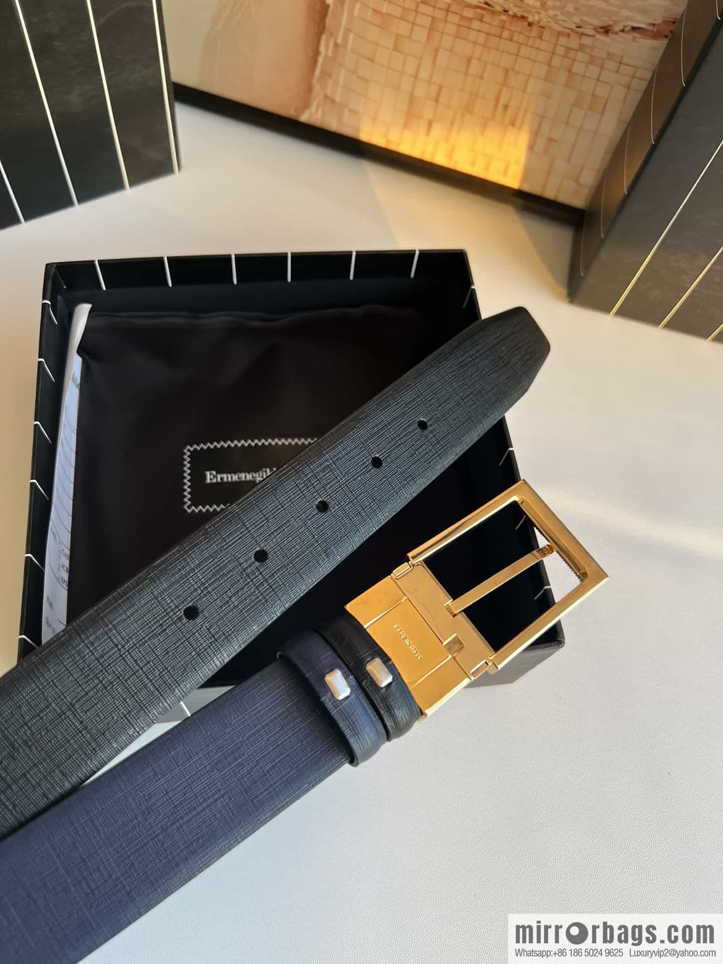 Z ZEGNA Zegna men's black/dark blue first layer cowhide leather plate buckle belt 3.5cm