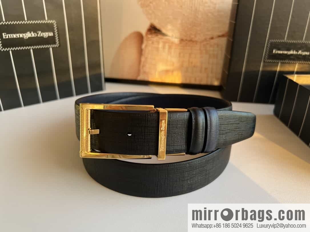 Z ZEGNA Zegna men's black/dark blue first layer cowhide leather plate buckle belt 3.5cm