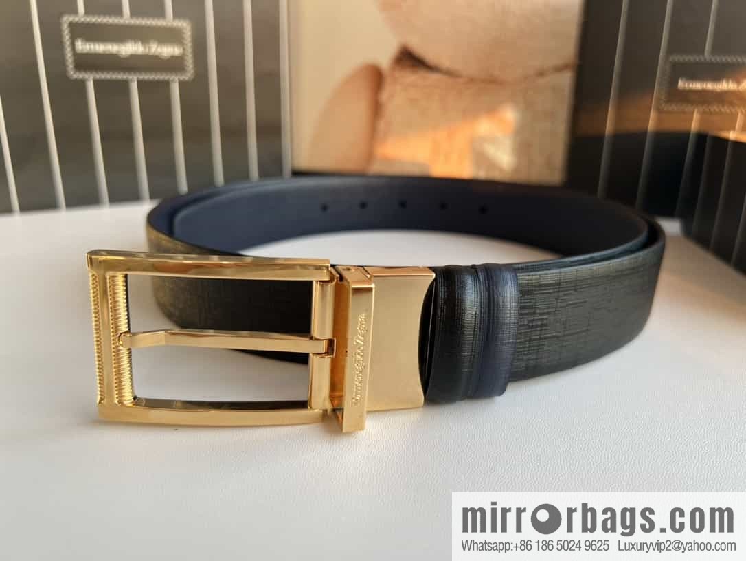 Z ZEGNA Zegna men's black/dark blue first layer cowhide leather plate buckle belt 3.5cm