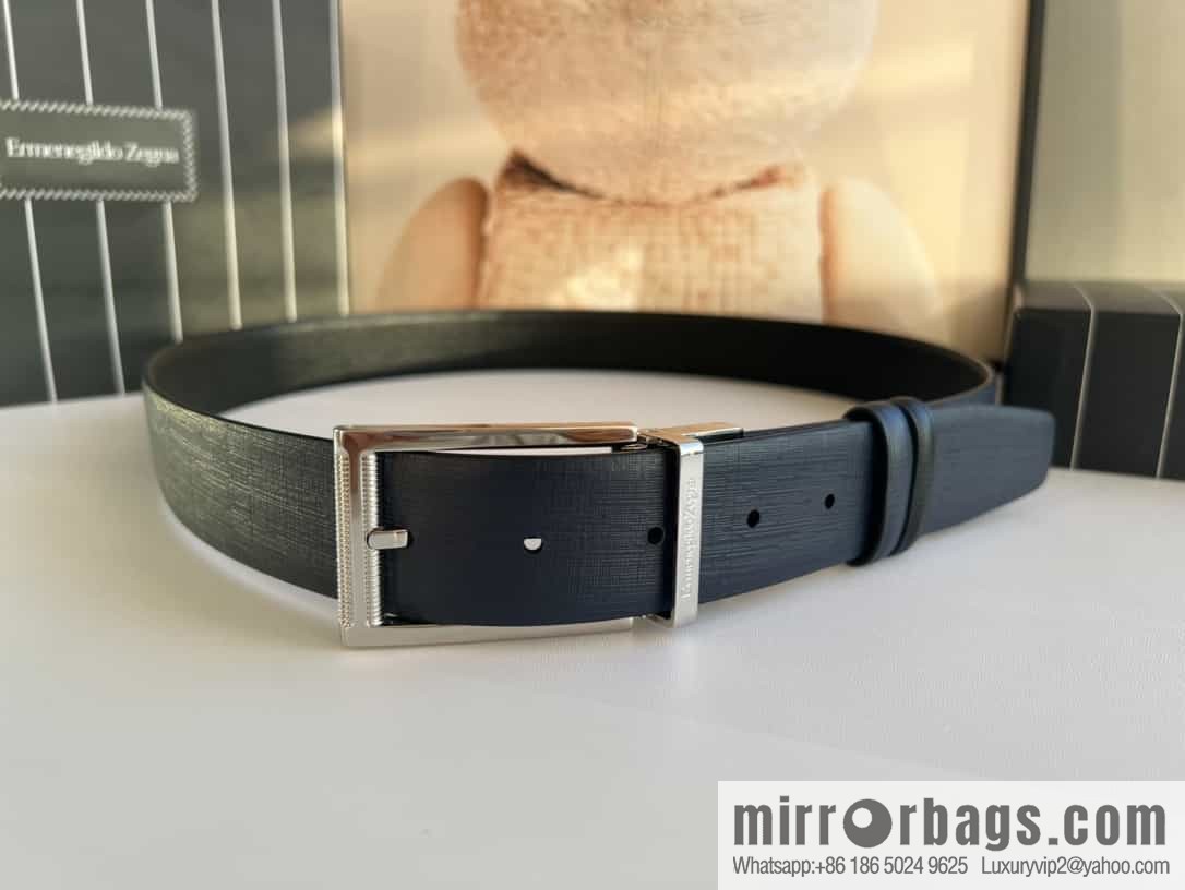 Z ZEGNA Zegna men's black/dark blue first layer cowhide leather plate buckle belt 3.5cm