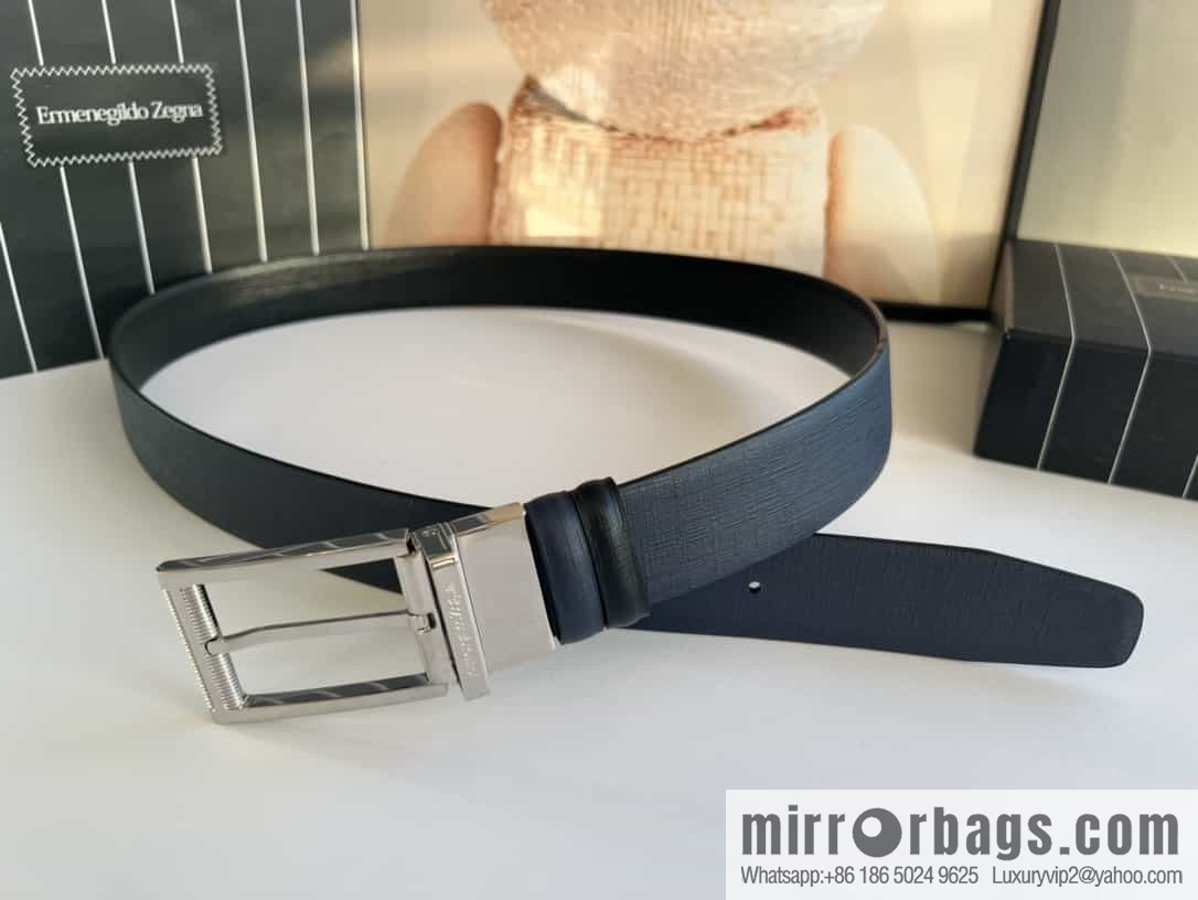 Z ZEGNA Zegna men's black/dark blue first layer cowhide leather plate buckle belt 3.5cm
