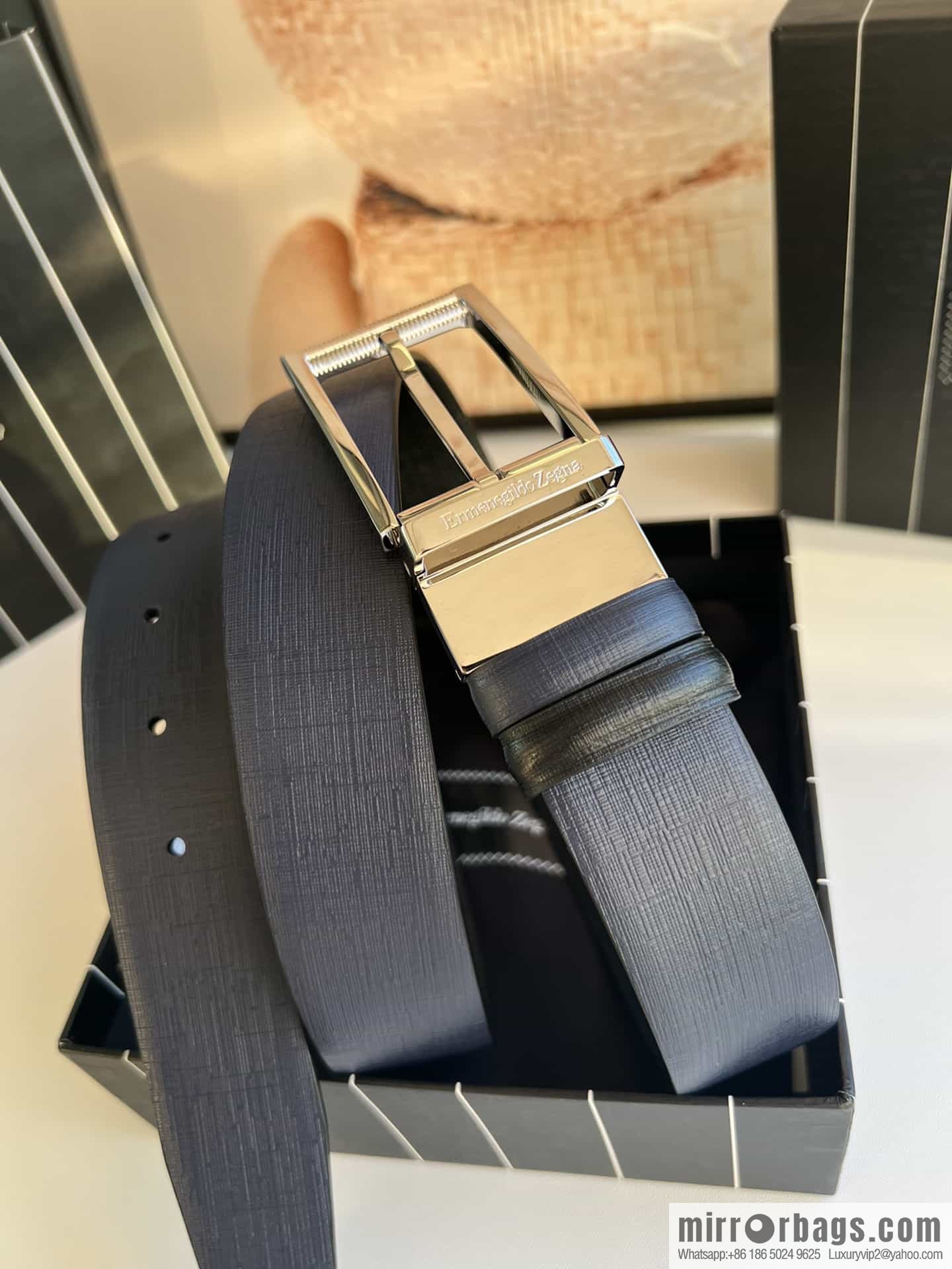 Z ZEGNA Zegna men's black/dark blue first layer cowhide leather plate buckle belt 3.5cm