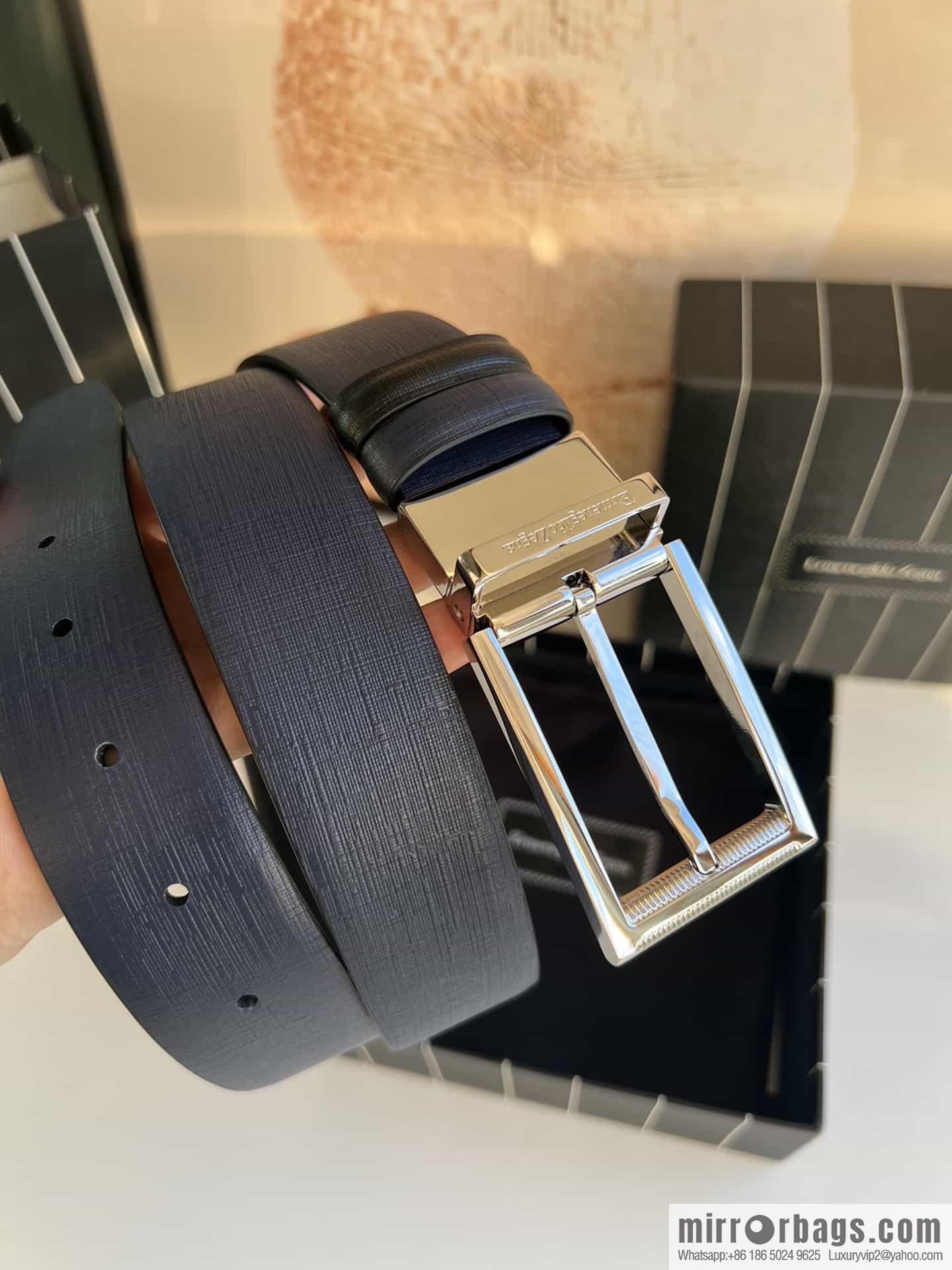 Z ZEGNA Zegna men's black/dark blue first layer cowhide leather plate buckle belt 3.5cm