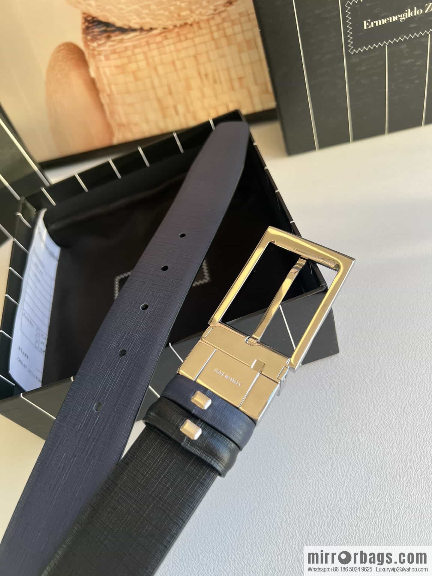 Z ZEGNA Zegna men's black/dark blue first layer cowhide leather plate buckle belt 3.5cm