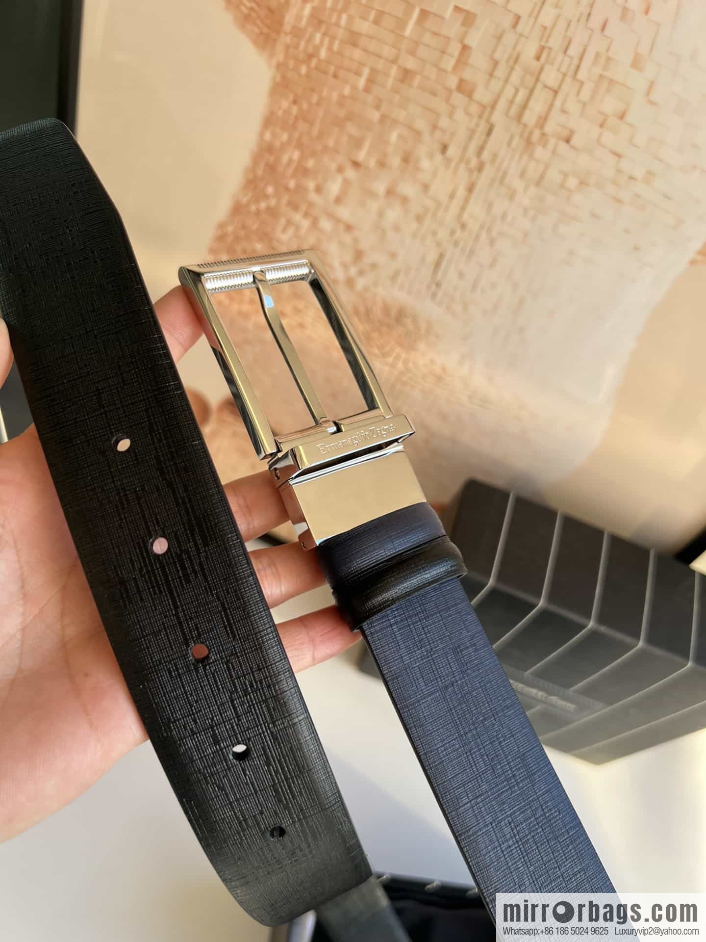 Z ZEGNA Zegna men's black/dark blue first layer cowhide leather plate buckle belt 3.5cm