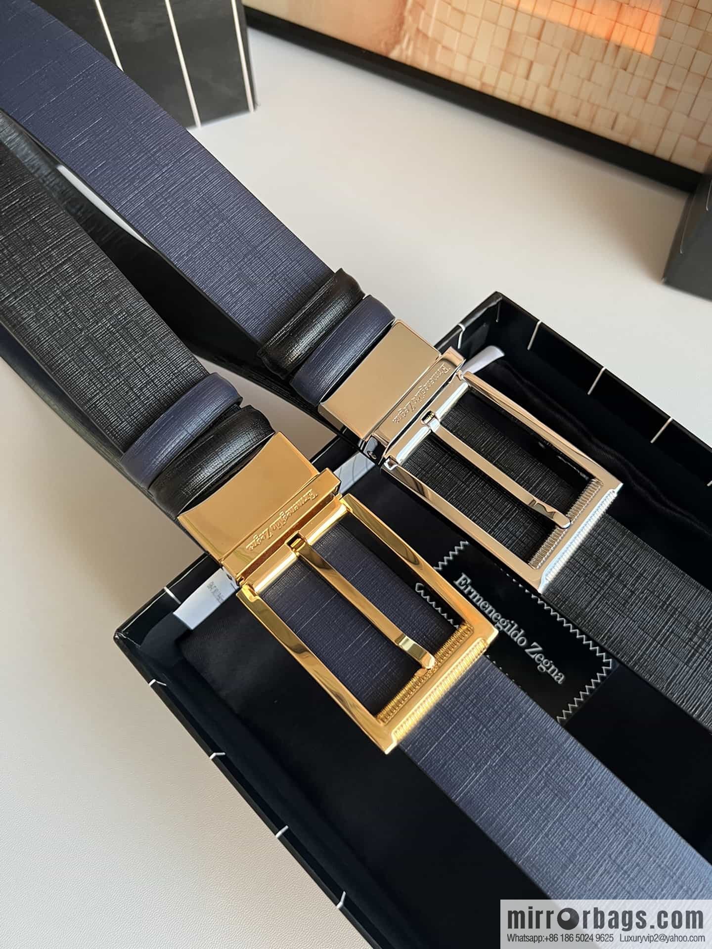 Z ZEGNA Zegna men's black/dark blue first layer cowhide leather plate buckle belt 3.5cm