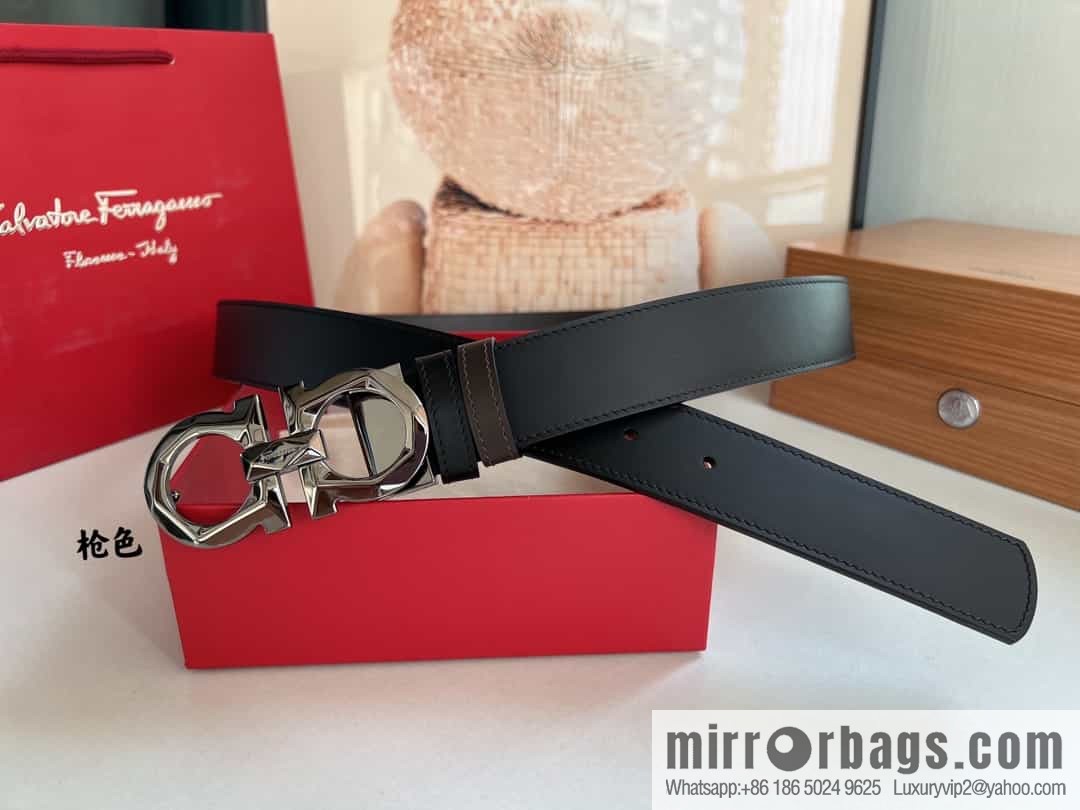 Salvatore Ferragamo Men's 3.5cm Delicate Double Circle Original Rhombus Buckle Belt