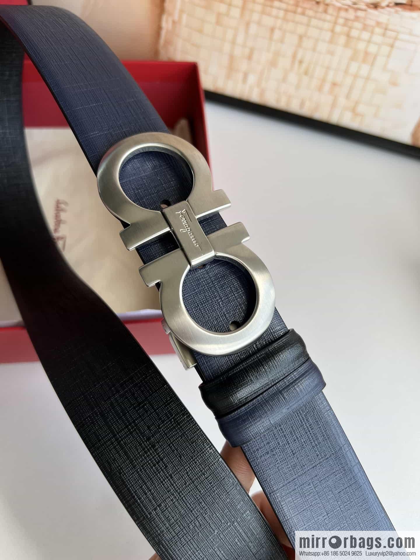 Ferragamo Ferragamo, Double Sided Cowhide Blue/Black Leather Men's 3.5cm Belt