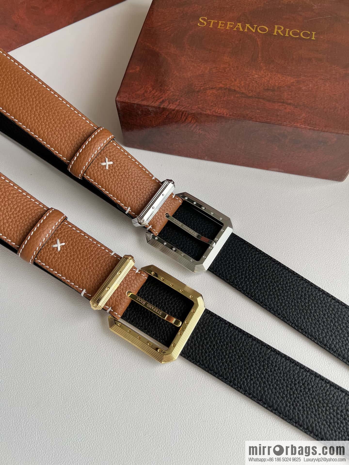 Stefano Ricci Stephen, Stainless Steel Pin Buckle Double Sided First Layer Lychee Textured Cowhide Belt 3.6cm