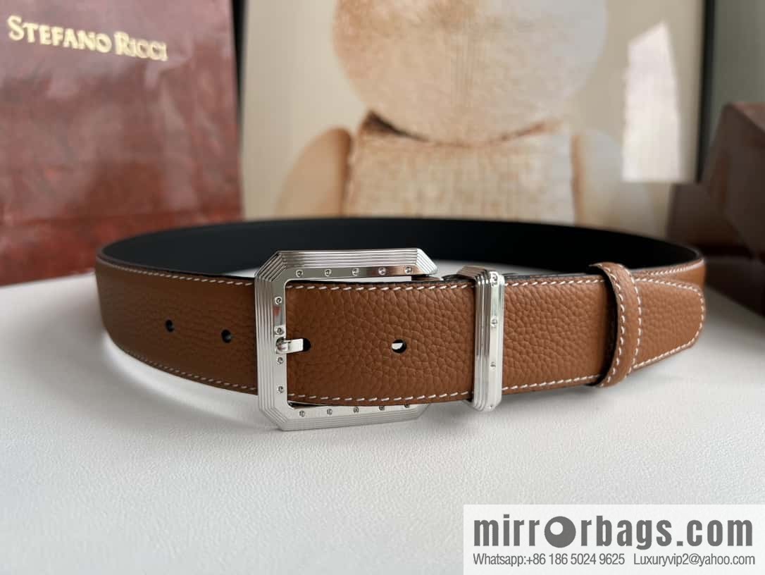 Stefano Ricci Stephen, Stainless Steel Pin Buckle Double Sided First Layer Lychee Textured Cowhide Belt 3.6cm