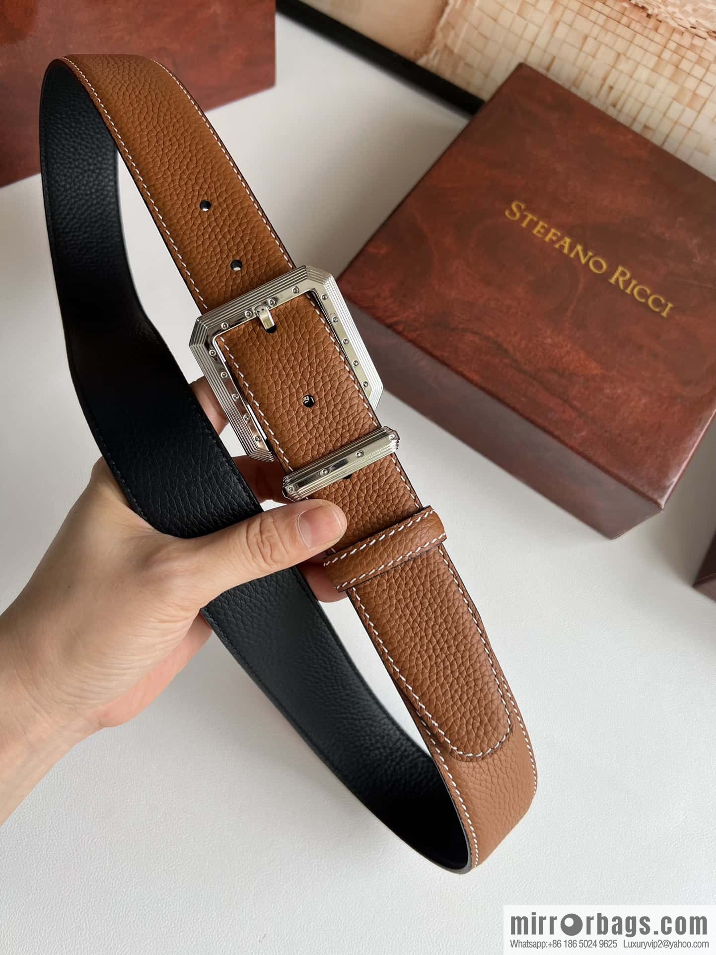 Stefano Ricci Stephen, Stainless Steel Pin Buckle Double Sided First Layer Lychee Textured Cowhide Belt 3.6cm