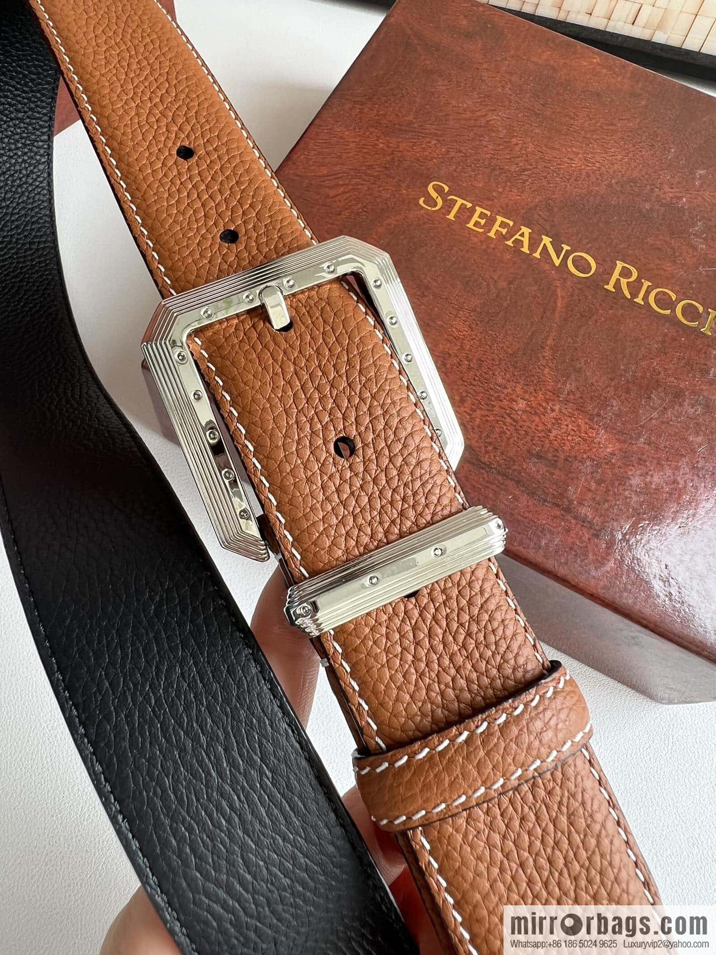 Stefano Ricci Stephen, Stainless Steel Pin Buckle Double Sided First Layer Lychee Textured Cowhide Belt 3.6cm