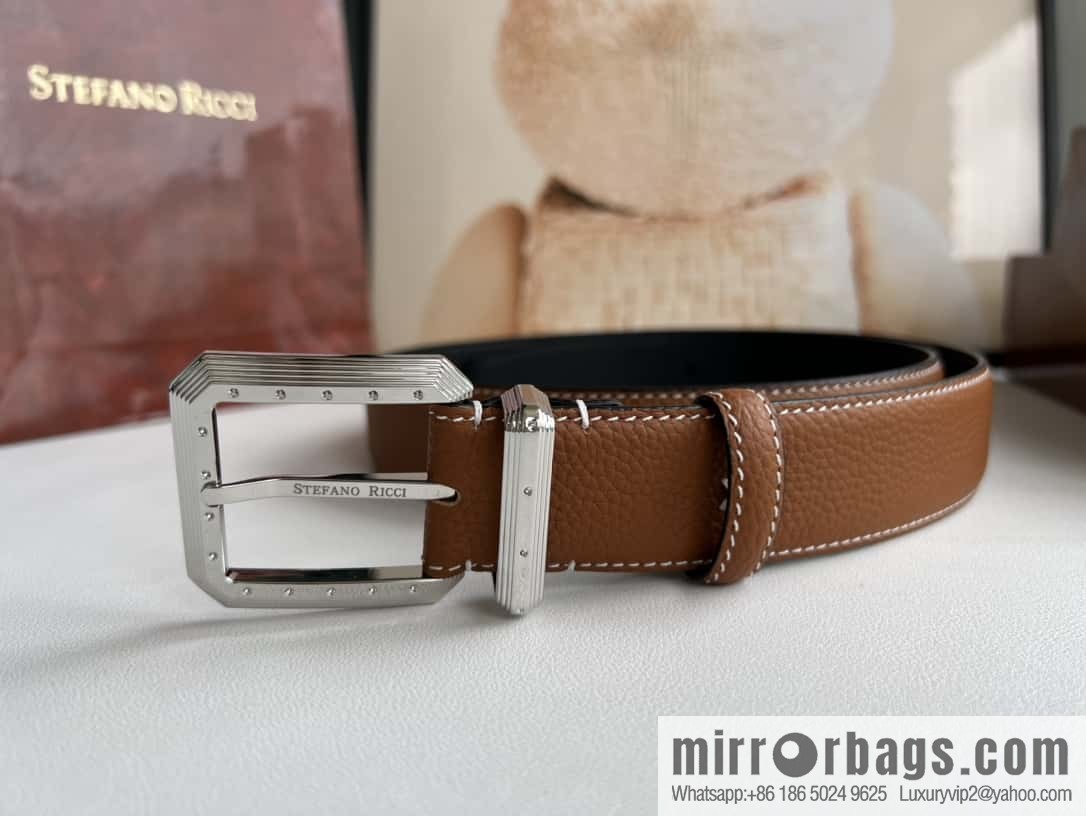 Stefano Ricci Stephen, Stainless Steel Pin Buckle Double Sided First Layer Lychee Textured Cowhide Belt 3.6cm