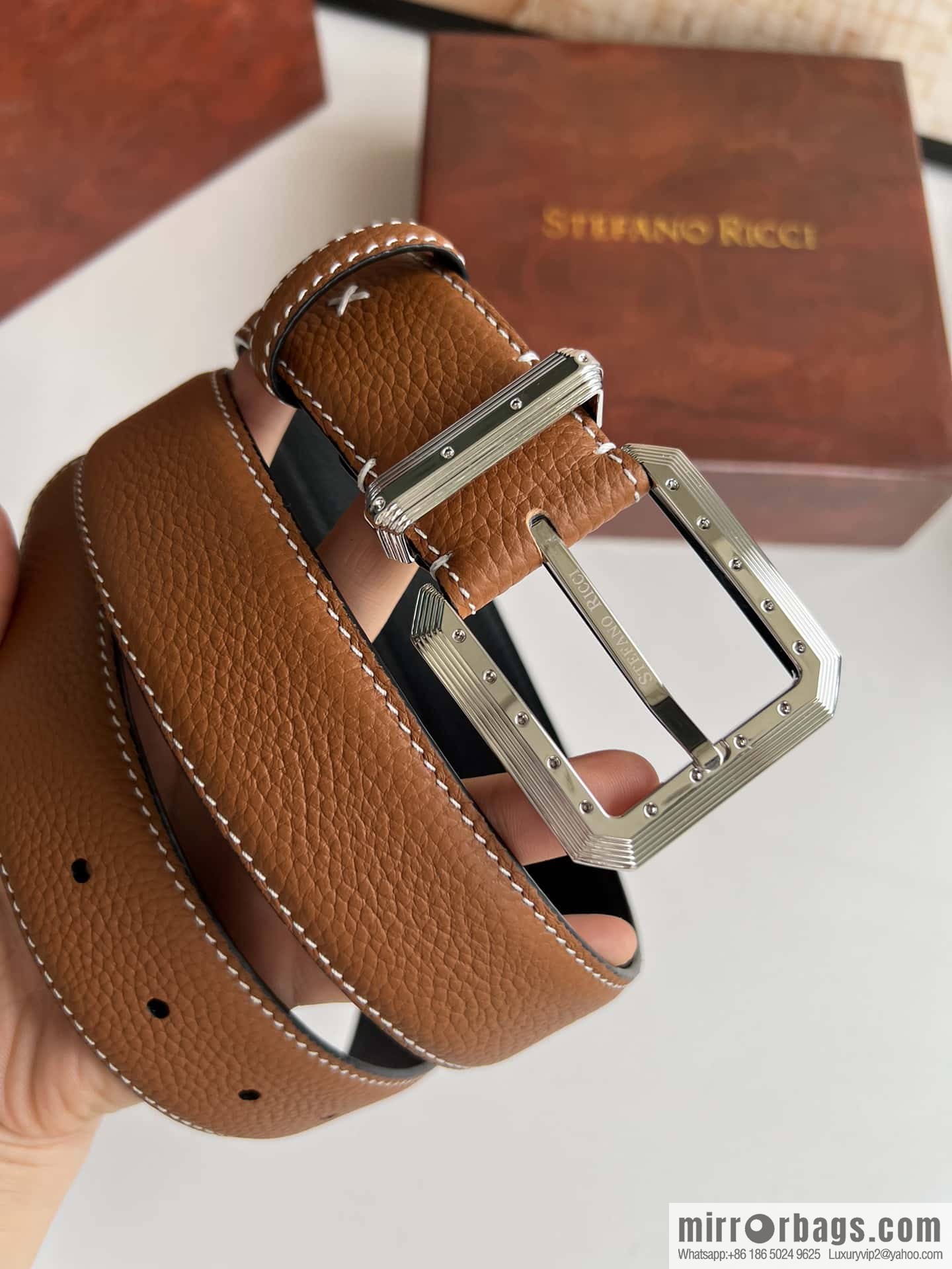 Stefano Ricci Stephen, Stainless Steel Pin Buckle Double Sided First Layer Lychee Textured Cowhide Belt 3.6cm