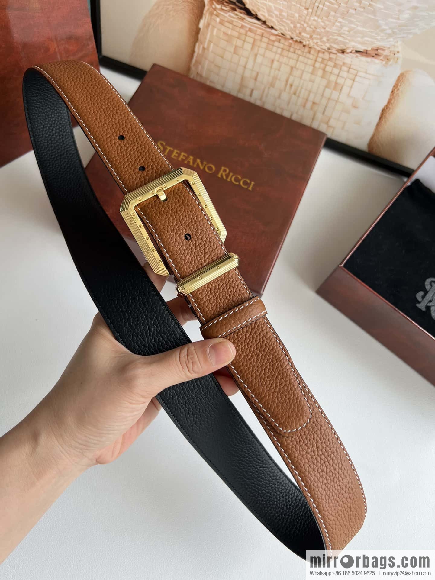 Stefano Ricci Stephen, Stainless Steel Pin Buckle Double Sided First Layer Lychee Textured Cowhide Belt 3.6cm