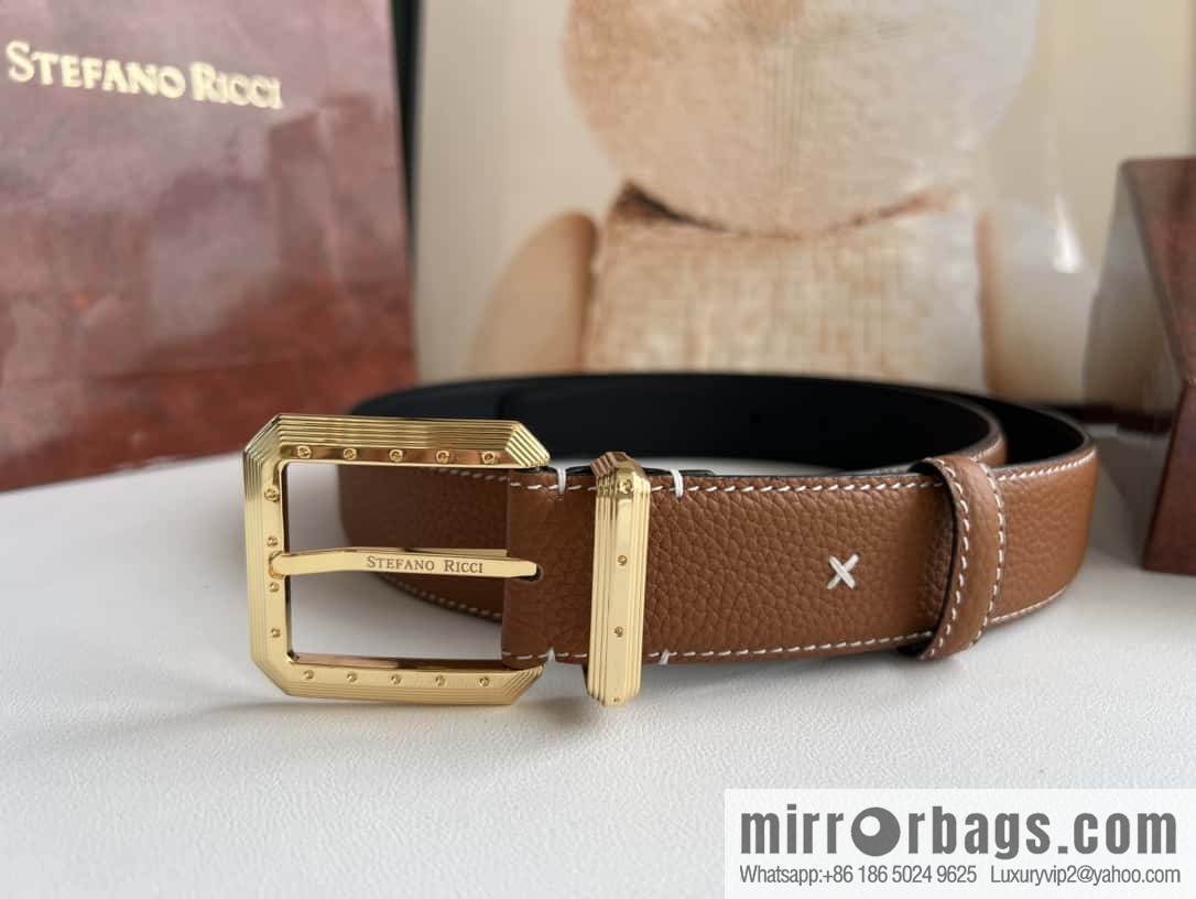 Stefano Ricci Stephen, Stainless Steel Pin Buckle Double Sided First Layer Lychee Textured Cowhide Belt 3.6cm