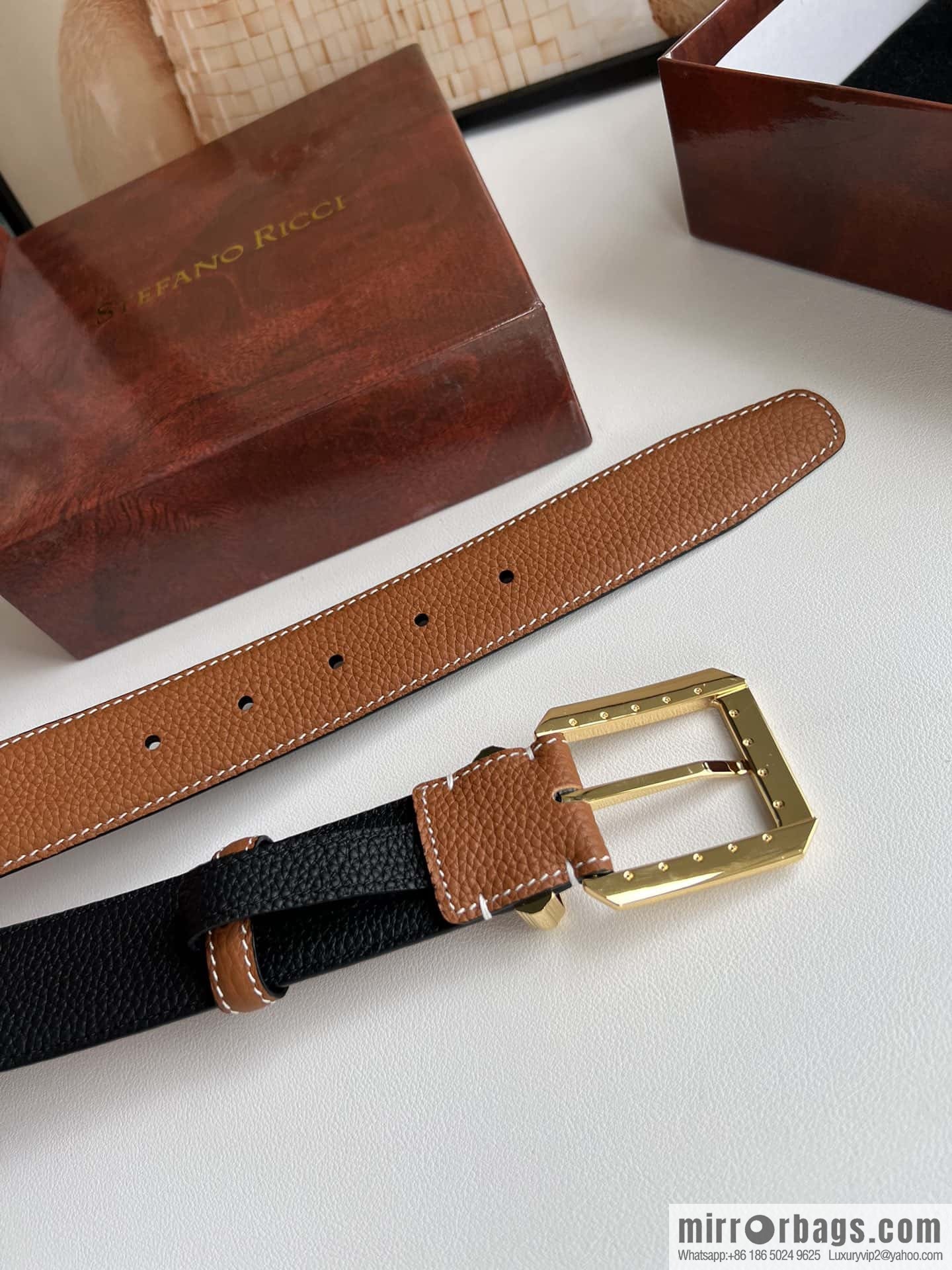 Stefano Ricci Stephen, Stainless Steel Pin Buckle Double Sided First Layer Lychee Textured Cowhide Belt 3.6cm