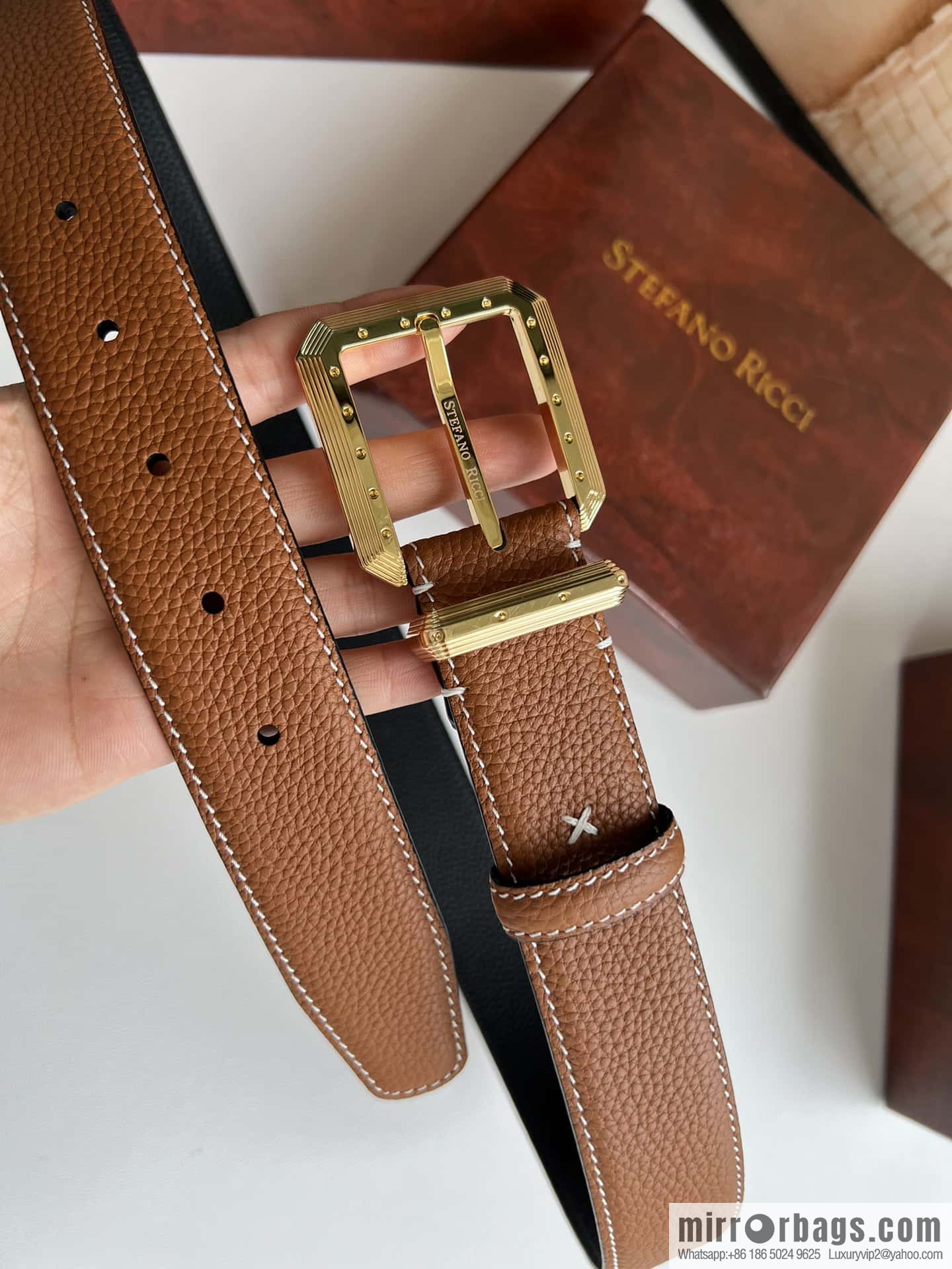 Stefano Ricci Stephen, Stainless Steel Pin Buckle Double Sided First Layer Lychee Textured Cowhide Belt 3.6cm
